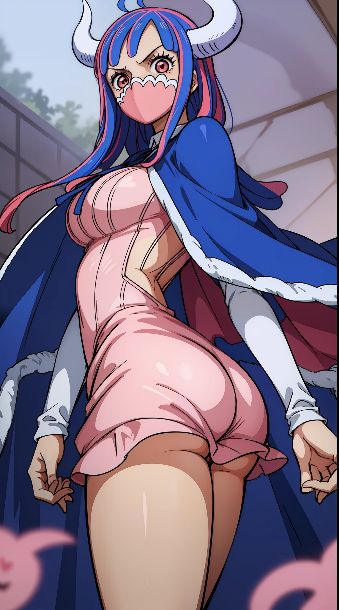 Ulti from one piece, blue hair, red eyes, pink mask, horns, wearing a long-sleeved minidress short skirt, cape, booty, standing, blushing,