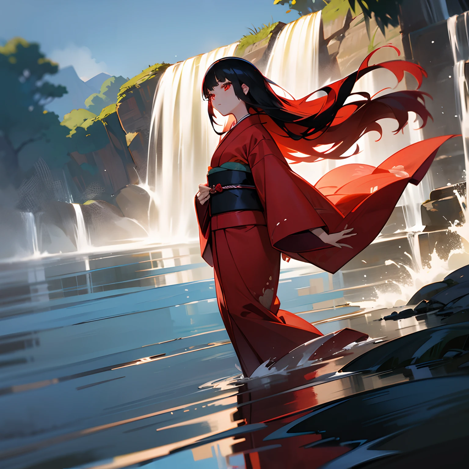 A dark-haired、length hair、Hair flowing in the wind、Traditional kimono、red kimono、Neutral facial features、Beautiful face、Red Eyes、serious facial expression、Bright background、Walking outdoors、Classic landscape、Near a flowing river、Where you can see the waterfall、Complex light effects