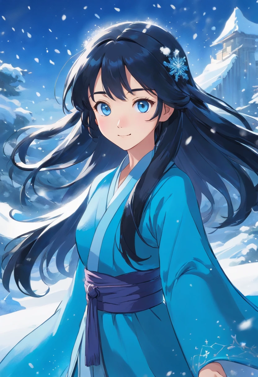 Best quality, 4K picture quality, 1girl, Nadia, blue eyes, blue Hanfu, snow, long black hair fluttering in the wind, healing smile, large aperture, blurred background, superpowered girl, frost Giants, frost elemental