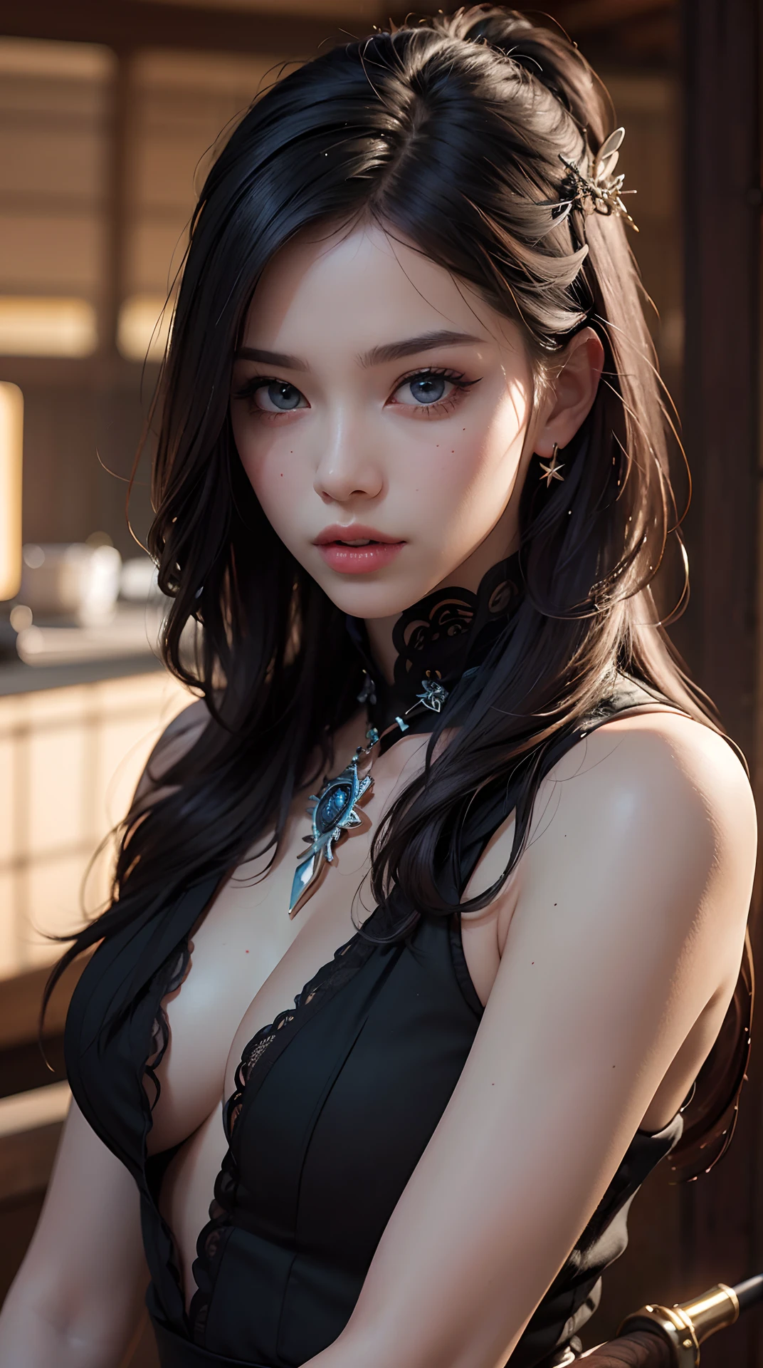 (best quality,4k,8k,highres,masterpiece:1.2), ultra-detailed, (realistic,photorealistic,photo-realistic:1.37), (beautiful detailed eyes, beautiful detailed lips, extremely detailed eyes and face, long eyelashes), studio lighting,physically-based rendering,vivid colors, (kunoichi, black clothing, masks or masks, long hair, shurikens, swords, blowguns, sexy and flashy designs),