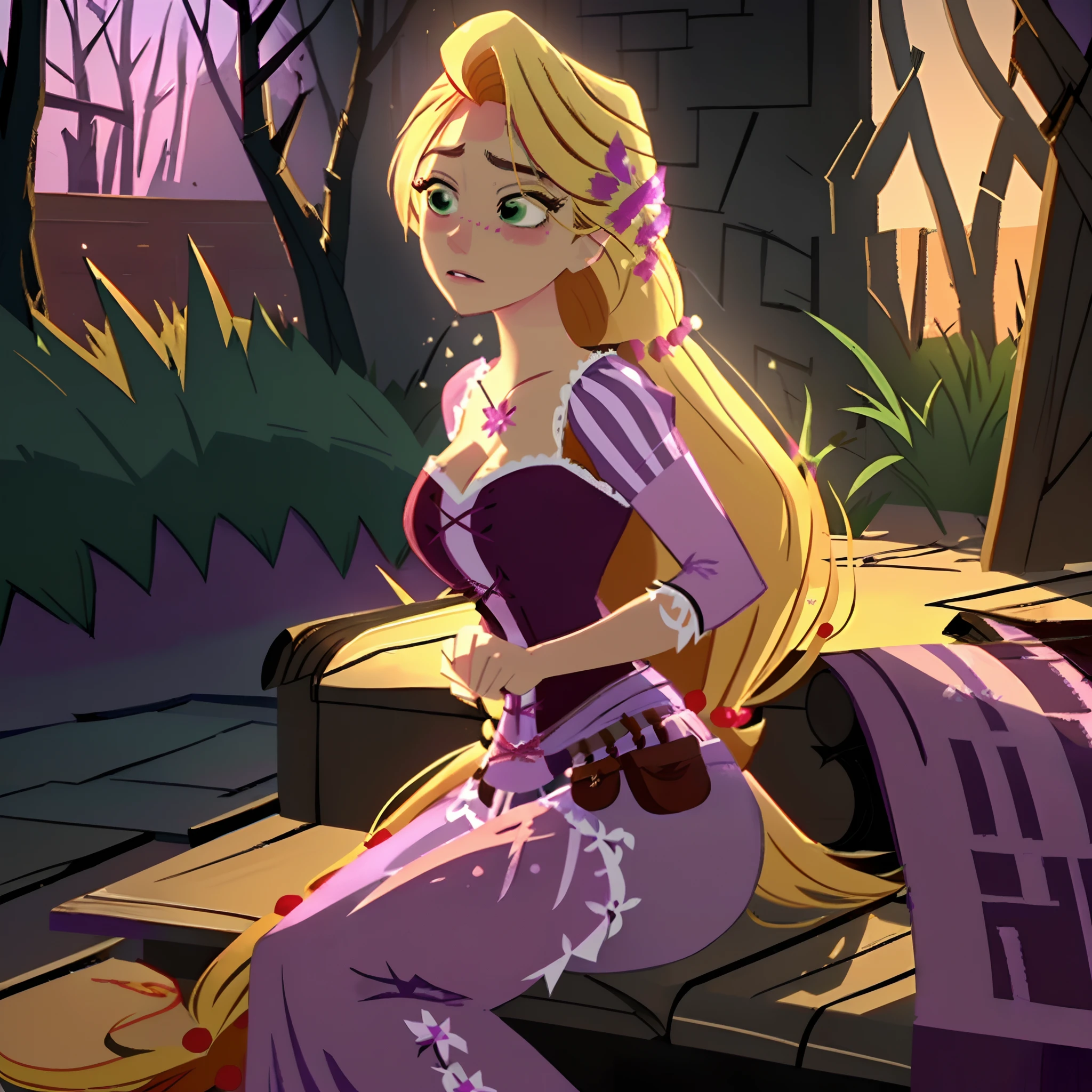 Rapunzel was robbed and beaten outside of a forest cabinet, and had endured hours of pain, beatings, slashes, gun shots, and blows. Now she just stares out at the sunset, green eyes barely open, and unable to pick herself up or breath easily hoping for someone to save her. (Rapunzel, big breasts: 1.9), (tattered, ripped, shredded purple lace dress: 1.9), (dishelved long blond hair: 1.4), Rapunzel knocked out on a porch: 1.9), Rapunzel scarred, bruised, and exhausted: 1.9), (Green eyes shut: 1.9), (Rapunzel has a miserable and painful facial expression: 1.8), (Rapunzel stuck on her back and her head looking to the  right: 1.9), (detailed Rapunzel character: 1.9), (close up view: 1.9), (brutal environment: 1.6), (pieces of the dress torn off: 1.9)