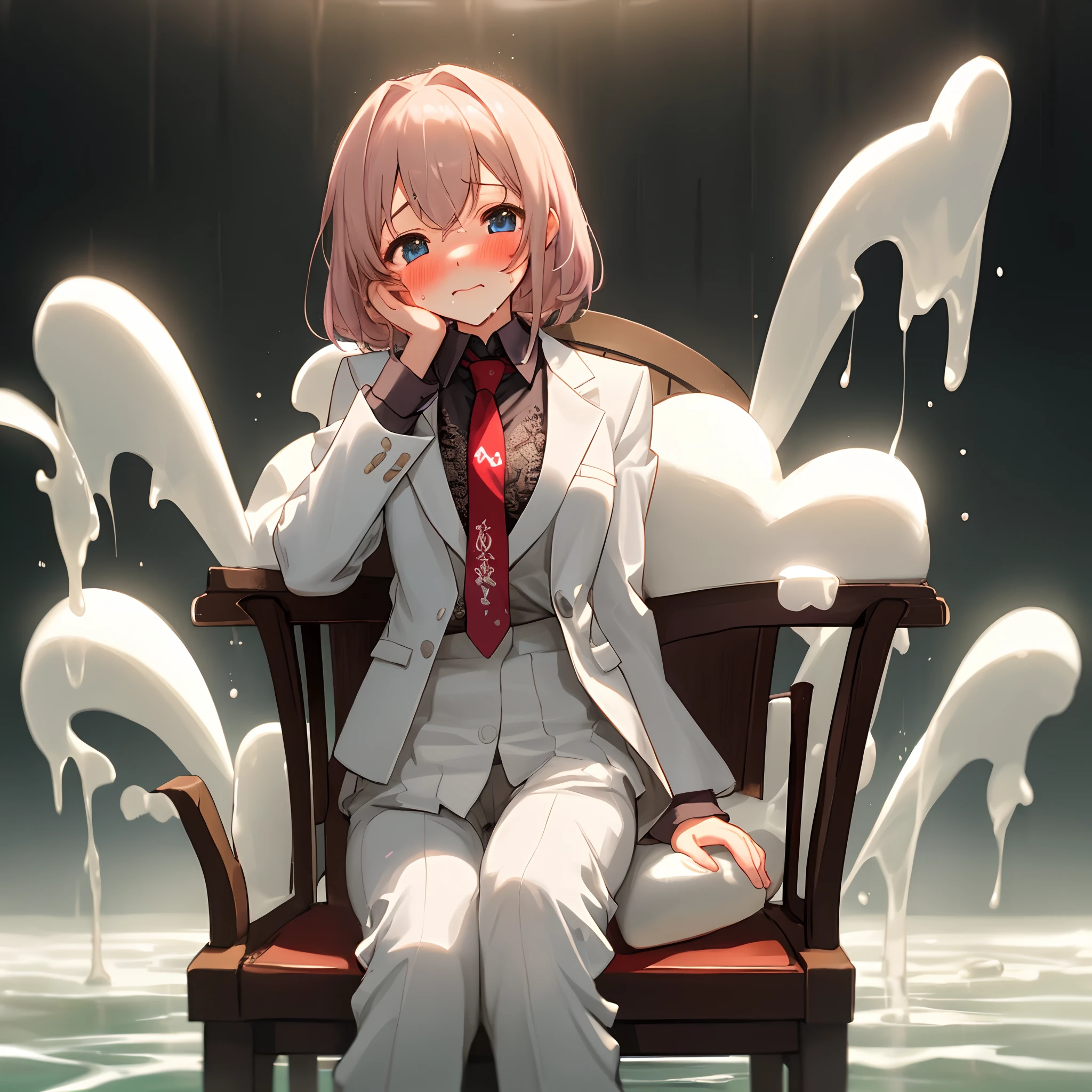 girl with、12year old、150cm、Beautiful fece、red necktie、white suit、the whole body is wet、Clothes are sheer、Not wearing a bra、White lotion all over the body、No pants on、The lower half of the body without a skirt is only pants、Pants lace、Excess white lotion on pants、Sitting on a chair、Anxious face、Put your hands on your face、Staring at me、Erotic images、blushed face、Being in the room、