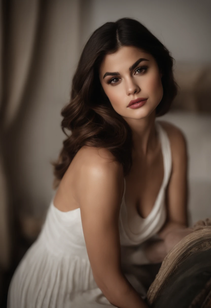 une femme, ((Selena Gomez)) , Dressed in light clothing , sexy pose, corps sexy, Well-defined body, detailed body, High quality, Masterpiece, 4K, devant son lit, Photo from above, Massage oil rubbed on the body, massage oil rubbed on the breasts