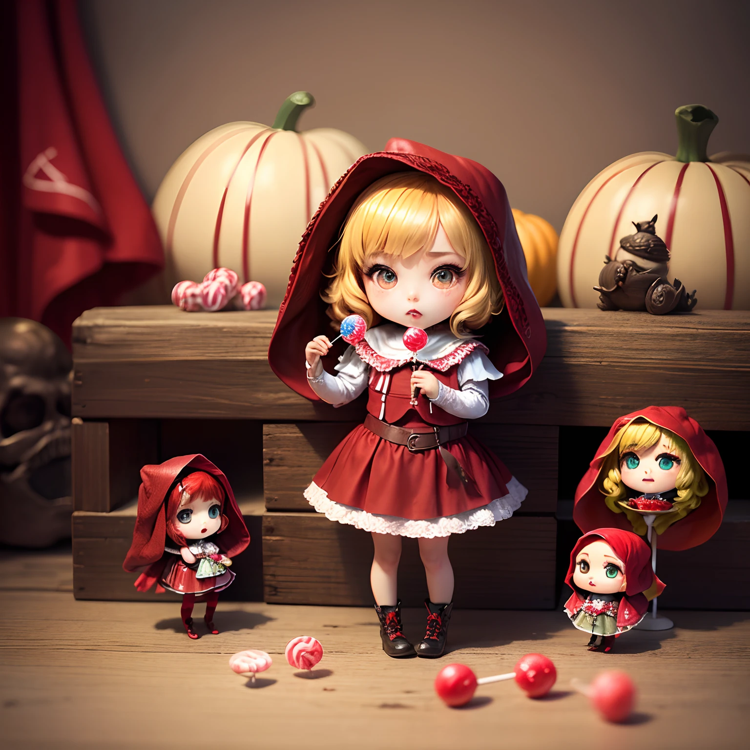 ​masterpiece、top-quality、ultra-detailliert、(Chibi Chara:1.3)、(Little Red Riding Hood:1.5),(Horror Lollipop Candy:1.3)、full body Esbian、skeleton、skeleton、squash