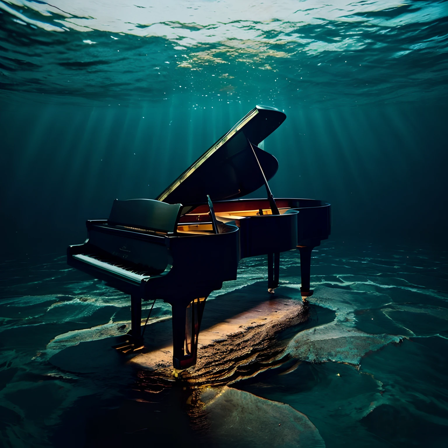 Sinking into the dark bottom of a deep sea with no light、An old decaying grand piano。