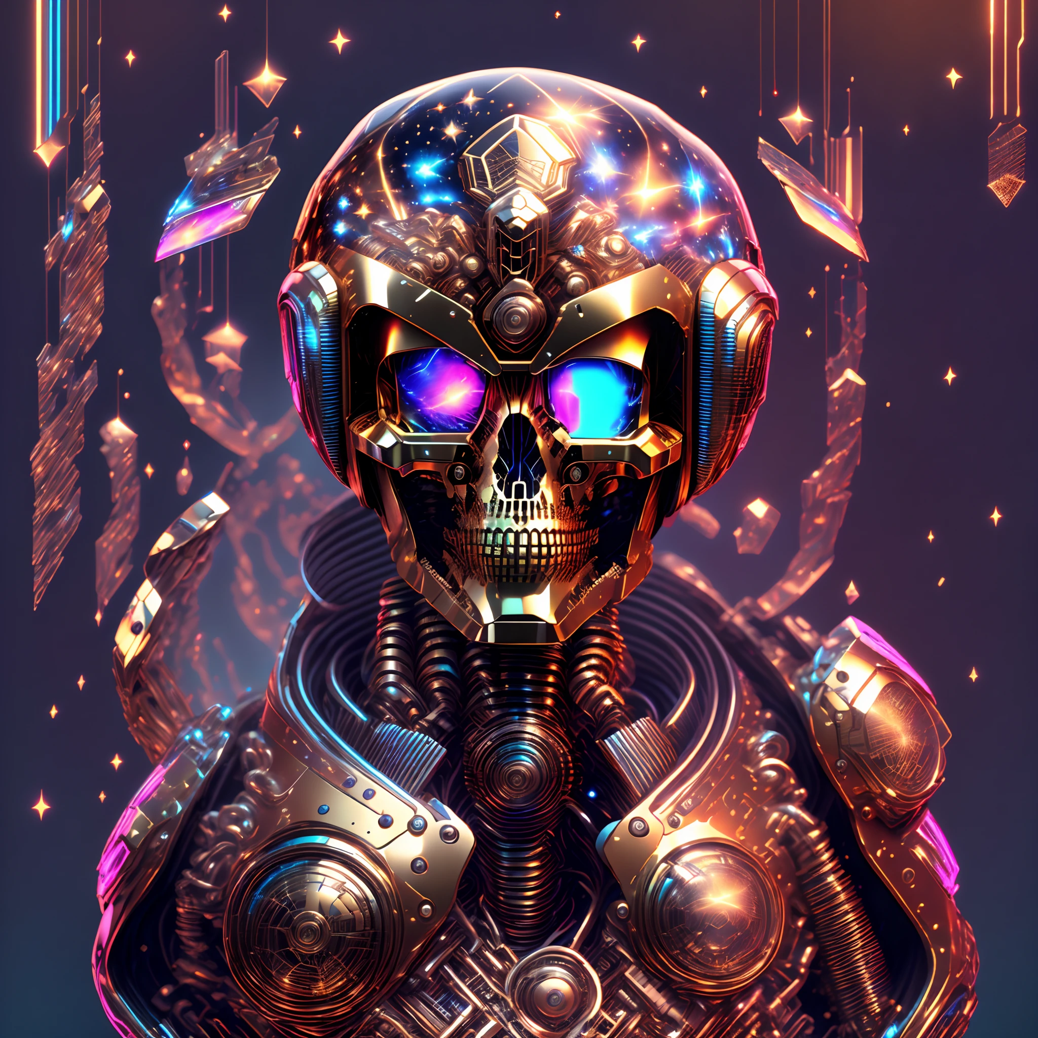 Starry sky, stylized high-tech robot helmet and skull, intricate design, ultra-detailed vector artwork, floating, dynamic perspective, mechanical metallic sheen, complex details, holographic display, atmospheric effects, science fiction theme, first-person view, 8K, super detail, accurate, best quality, facing the audience.