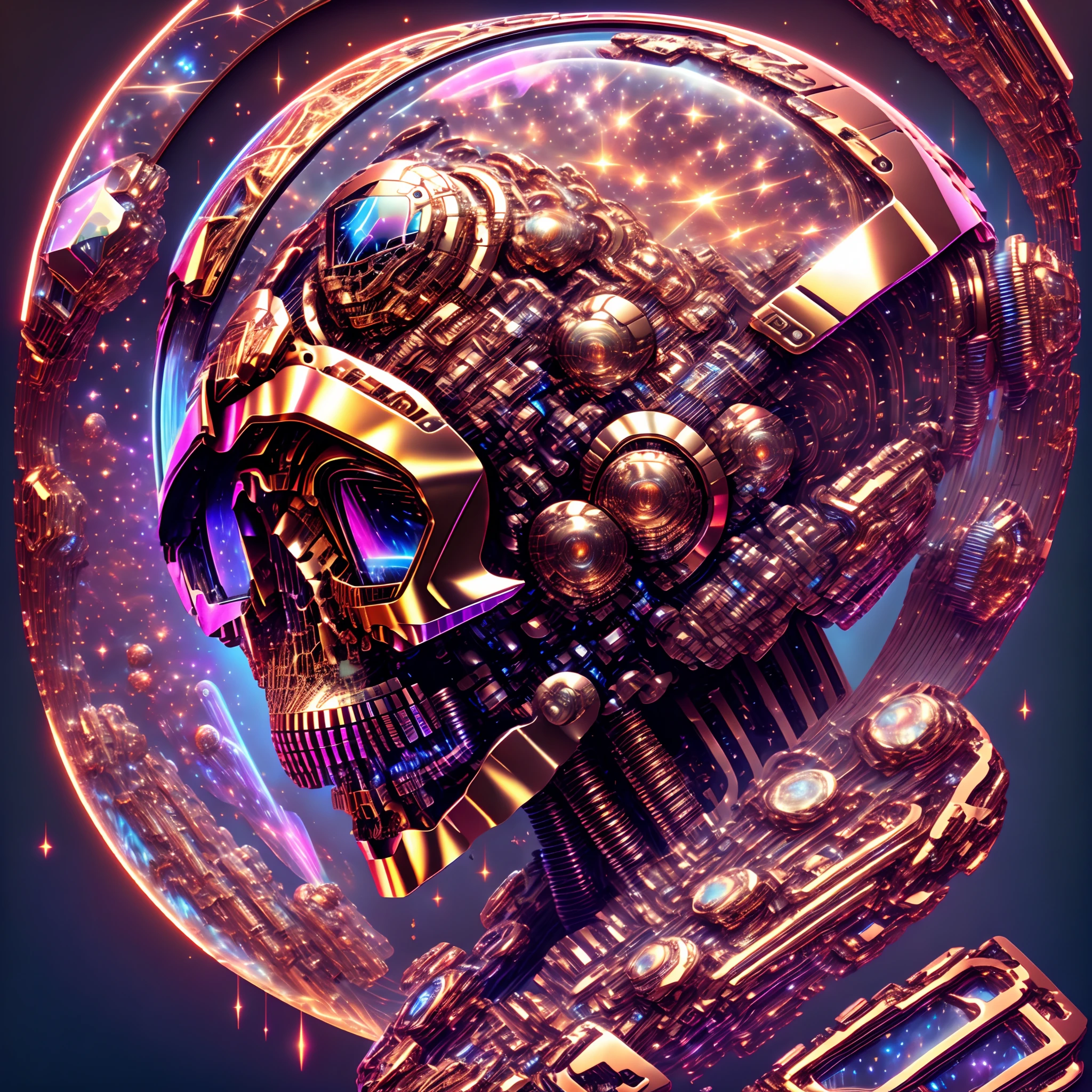 Starry sky, stylized high-tech robot helmet and skull, intricate design, ultra-detailed vector artwork, floating, dynamic perspective, mechanical metallic sheen, complex details, holographic display, atmospheric effects, science fiction theme, first-person view, 8K, super detail, accurate, best quality, facing the audience.