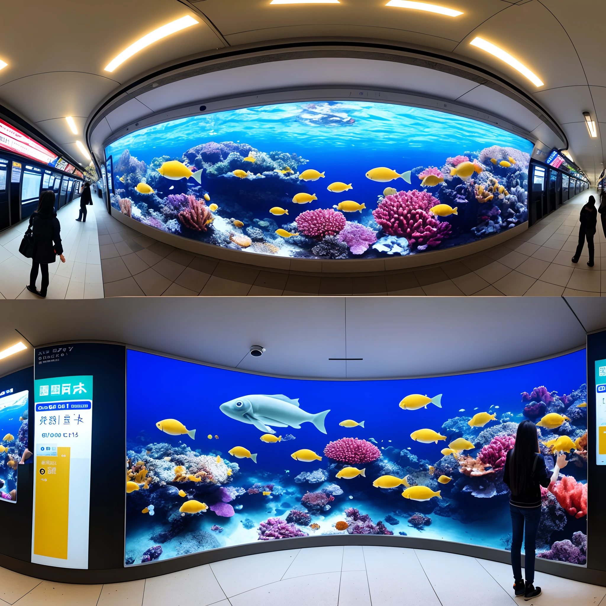 Girl standing in front of a 360-degree screen inside a subway station,Touch one of the advertising screens to interact with the sea creatures on the screen。