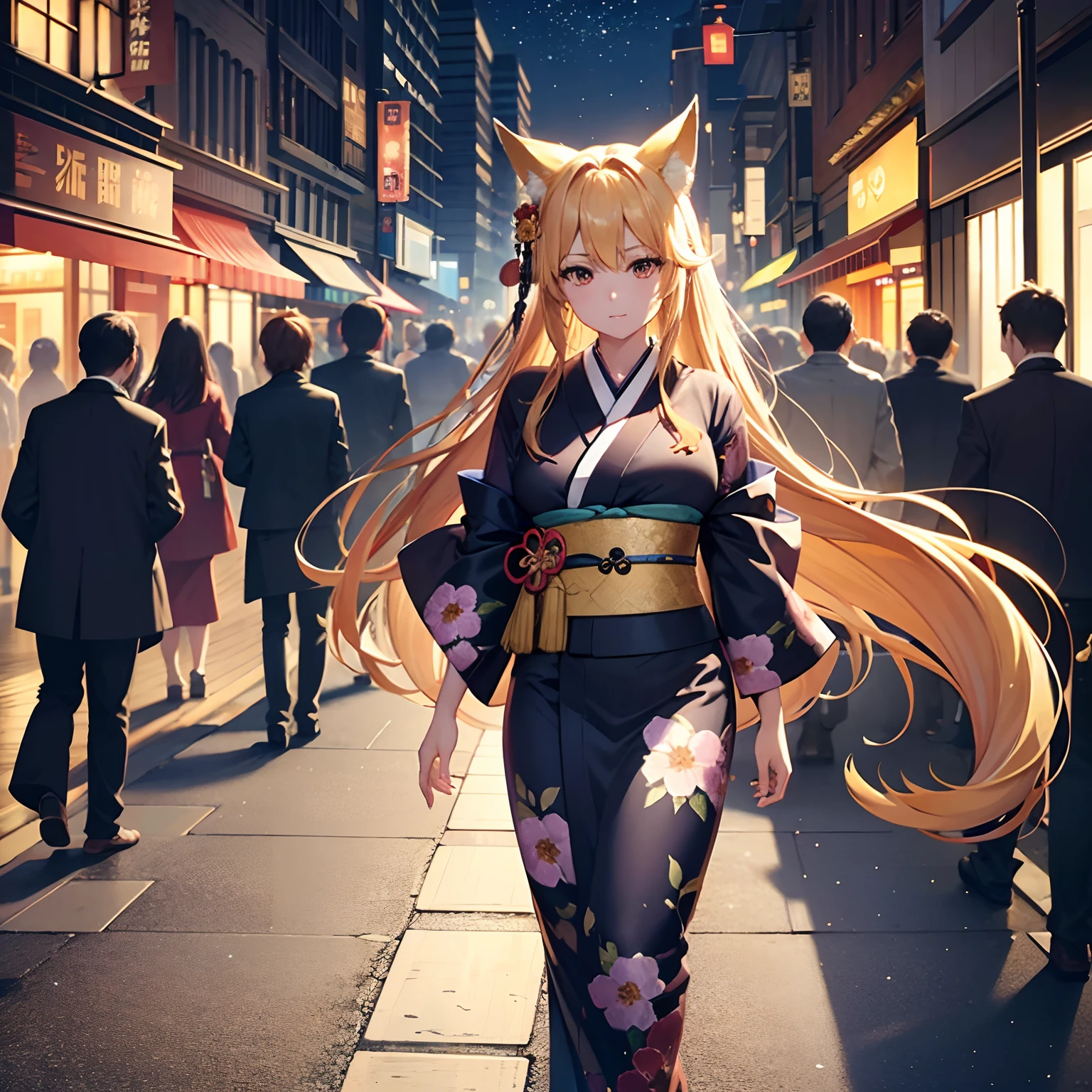 Faraway view、Focus on the landscape、Golden Fox、Fox Maiden、big tail、Golden Eyes、length hair、Golden hair、a large amount of hair、1人の女性、adult lady、large full breasts、Thick kimono、Bullish eyes、Traditional kimono、Black kimono、Plum floral pattern、12 Simple、Fantastic light effects、luminous sky、Walking around the city、look up sky、bustling cityscape、Contemporary cityscape、Lots of skyscrapers、Composition examination