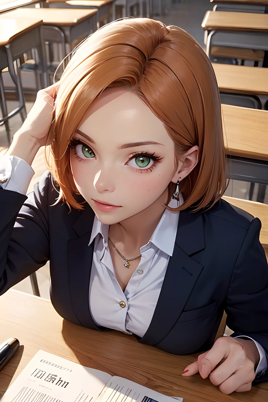 (masutepiece: 1.3), (max resolution: 1.2), (Ultra HDTV: 1.2), cinema lite, Ultra HDTV, (Detailed eyes and skin), (detailed facial features), ultgp, 8K resolution, Sharp Focus: 1.2, Perfect Style, Beautiful Face, accurate, Anatomically correct, Highly detailed face and skin texture, Detailed eyes, light-green eyes, Double eyelids, Thin eyebrows, Glitter Eyeliner: 1.2, Natural cheeks, Glossy skin, Fair skin: 1.2, shiny little necklace and earrings, (Glossy lips: 1.4), break, absurderes, One-person viewpoint, (she is high school Teacher), 22, (Wearing a Button up shirt, formal jackets, pencil skirts, high heels), (Seductive smile: 1.2), (Staring at the viewer), ((a Innocent and cute girl:1.3)), (Layered hairstyle, smooth Hair), (orange hair:1.2), Medium bob Hair, (Full body shot: 1.2), Focus on Face, ((Very intimate relationships: 1.2)), large breasts, ((lying on the table:1.4)), ((In school library)), (From directly above:1.2),