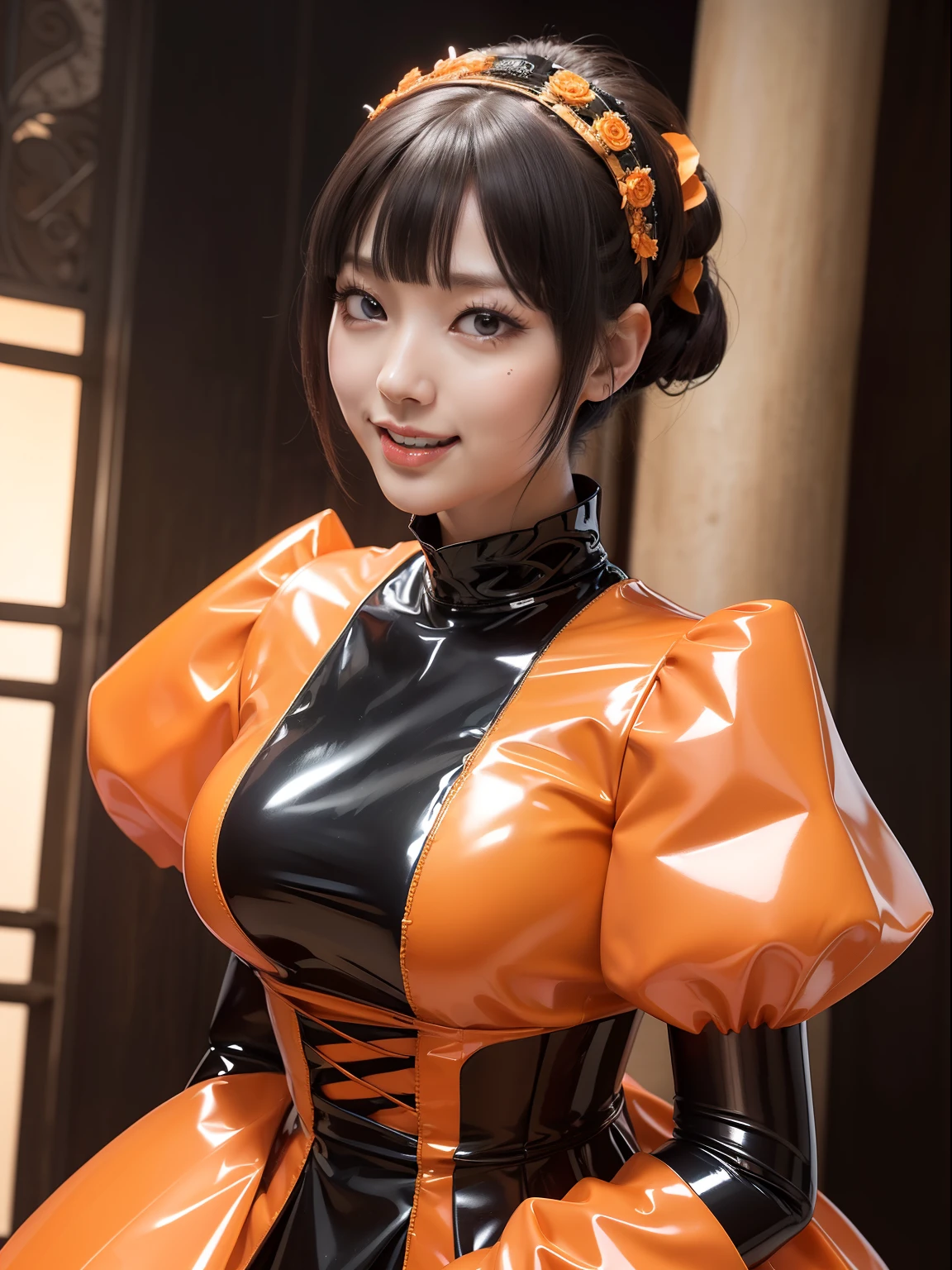 Professional fetish model posing for a picture, (latex corsage) (full body), asian (big chest) ((enormous) breasts), (enlarged bosom), sexy (Professional photography, 4k),realistic,<lora:anotherlatexlorav2:0.8>