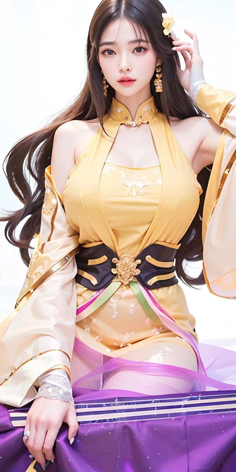 1girl,big breast, black hair, yellow Chinese dress, ultra detailed, masterpiece, realistic