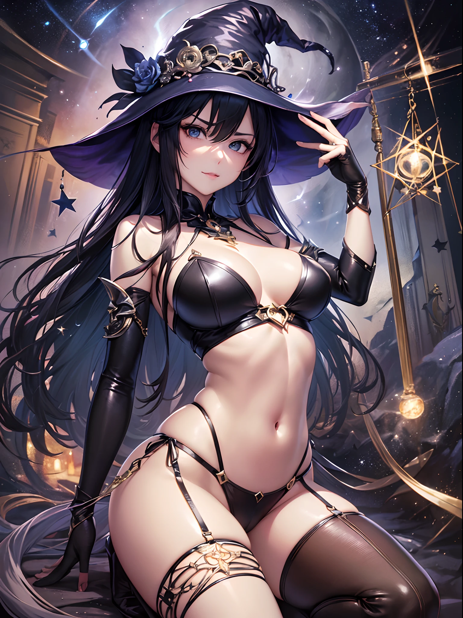 ((Finest quality)),(超A high resolution),(ultra-detailliert),(Meticulous portrayal),((Best CG)),(Finest works of art),Ultra-Precision Art,The art of astounding depiction,dark fantasy art, ( Starry Midnight:1.3), (1人の女性:1.5),(the witch),a navel,thighs thighs thighs thighs,boots,Dynamic poses:1.5:sneering:1.3,(light magic:1.5)