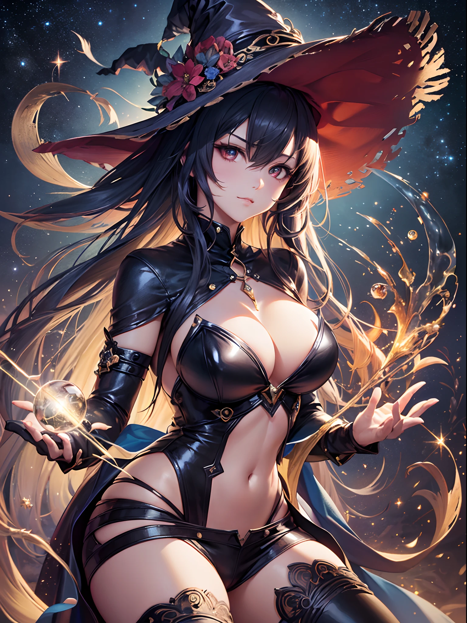 ((Finest quality)),(超A high resolution),(ultra-detailliert),(Meticulous portrayal),((Best CG)),(Finest works of art),Ultra-Precision Art,The art of astounding depiction,dark fantasy art, ( Starry Midnight:1.3), (1人の女性:1.5),(the witch),a navel,thighs thighs thighs thighs,boots,Dynamic poses:1.5:sneering:1.3,(light magic:1.5)