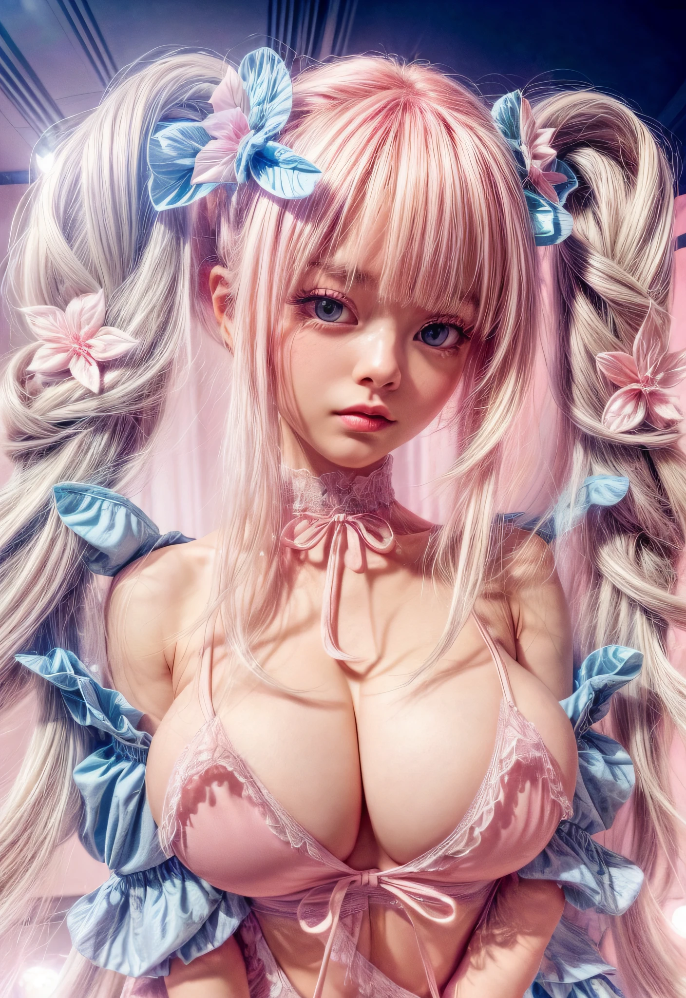 1girlhalfbodyimage, extremely cute Japanese young girl with pink hair and blue eyes posing for a picture, pink twintail hair and cyan eyes, and a bra top, pink twintail hair and cyan eyes, seductive girl, albino skin ultra real, sci-fi background, absurdres, high res, ultrasharp, 8K, masterpiece, looking at viewer, Beautiful round breasts, Double eyelids, parted lip, Solo, ((Areola)), (cleavage), Delicate and sexy (鎖骨: 1.3), Shiny reflective pink hair, (Glossy albino skin: 0.8), (Masterpiece: 1.4), (Best quality: 1.4), Natural(Big:1.25), Glossy lips, Perfect abs, (Thin areola), (Thin fabric) (Perspectiveal), Tight waist,, Areola, Inner seam, hourglass body shape, navel, Open legs, Blush, Voluptuous, huge breasts, cinematic lighting