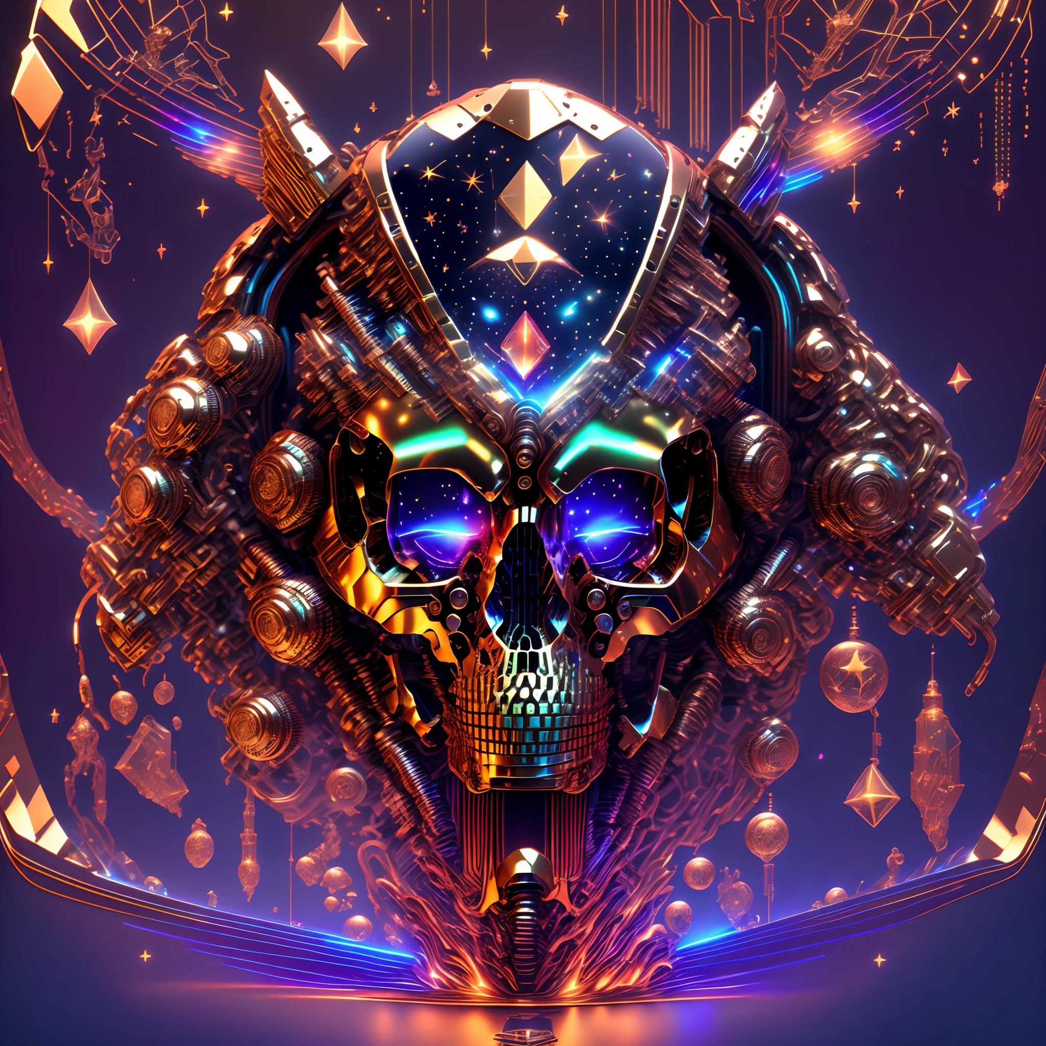 Starry sky, stylized high-tech robot helmet and skull, intricate design, ultra-detailed vector artwork, floating, dynamic perspective, mechanical metallic sheen, complex details, holographic display, atmospheric effects, science fiction theme, first-person view, 8K, super detail, accurate, best quality, facing the audience.