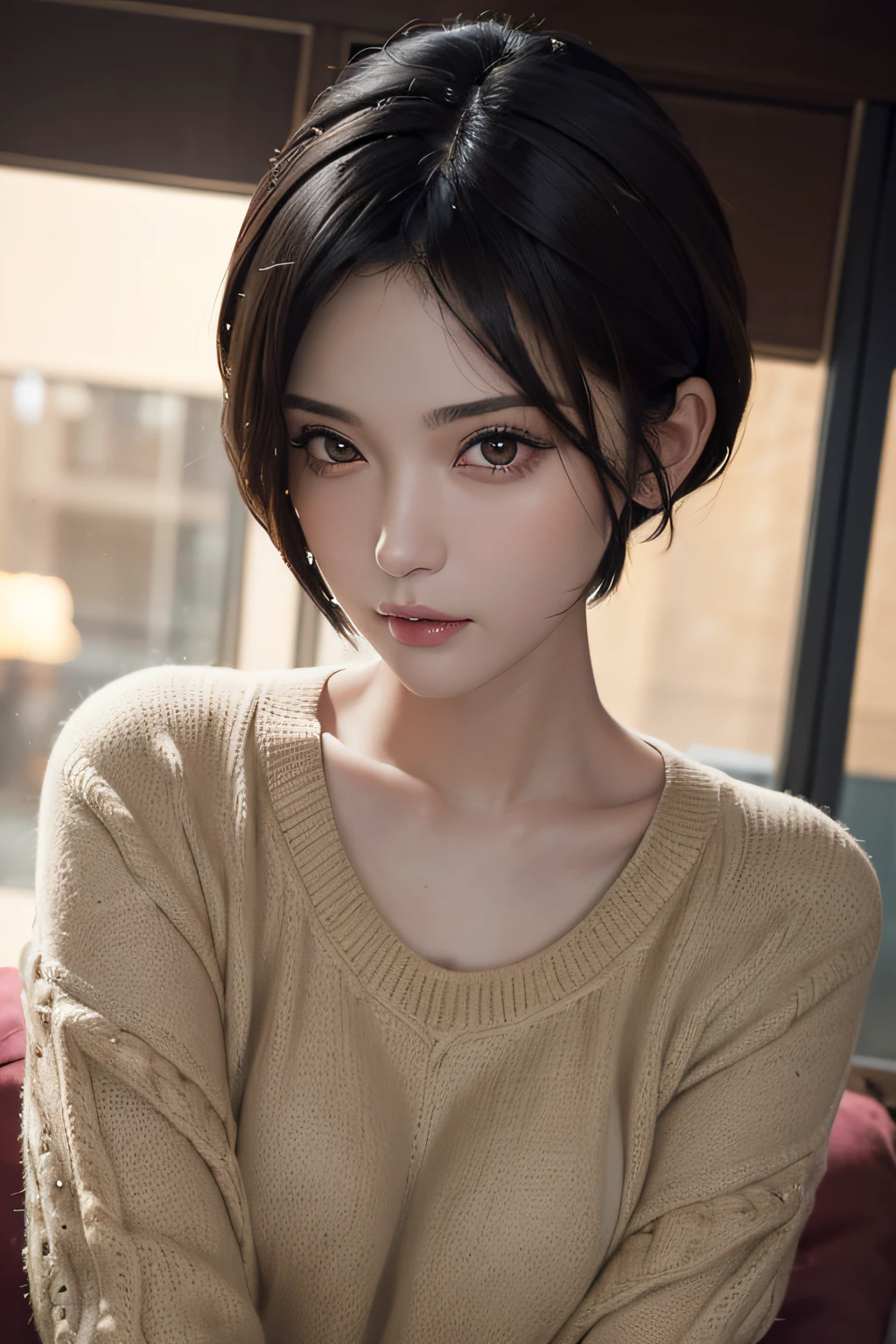 (masterpiece:1.3), (8k, photorealistic, RAW photo, best quality: 1.4), (1girl), beautiful face, (realistic face), (black hair, short hair:1.3), beautiful hairstyle, realistic eyes, beautiful detailed eyes, (realistic skin), beautiful skin, (sweater), absurdres, attractive, ultra high res, ultra realistic, highly detailed, golden ratio