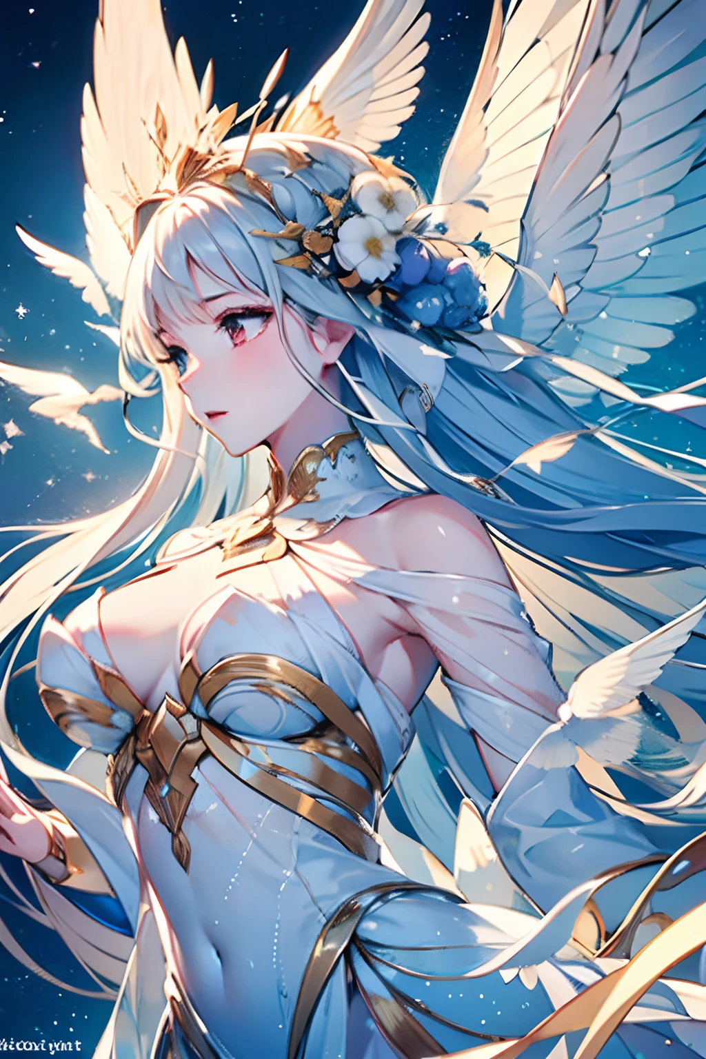 An angel is depicted with a pale and luminous complexion, their skin seemingly glowing with an otherworldly radiance. They are adorned with a pair of sparkling and graceful wings, symbolizing their divine nature. The scene is ethereal and enchanting, capturing the beauty and mystery of these celestial beings. angel, pale, luminous, complexion, glowing, otherworldly, radiance, sparkling, graceful, wings, divine, ethereal, enchanting, beauty, mystery.upper body,