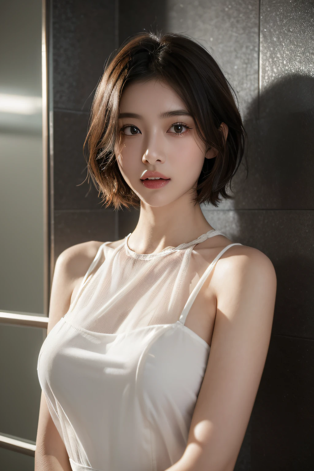 High resolution, Raw photo, Photorealistic, Extremely delicate and beautiful, Extremely detailed, finely detail, Highly detailed CG Unity 8k wallpaper, Ultra-detailed, (Best Quality, 8K, 32K, masterpiece, UHD:1.2), Photo of 1970s beautiful Japanese woman in floral camisole, short hair, earrings, silver necklace, old coffee shop,