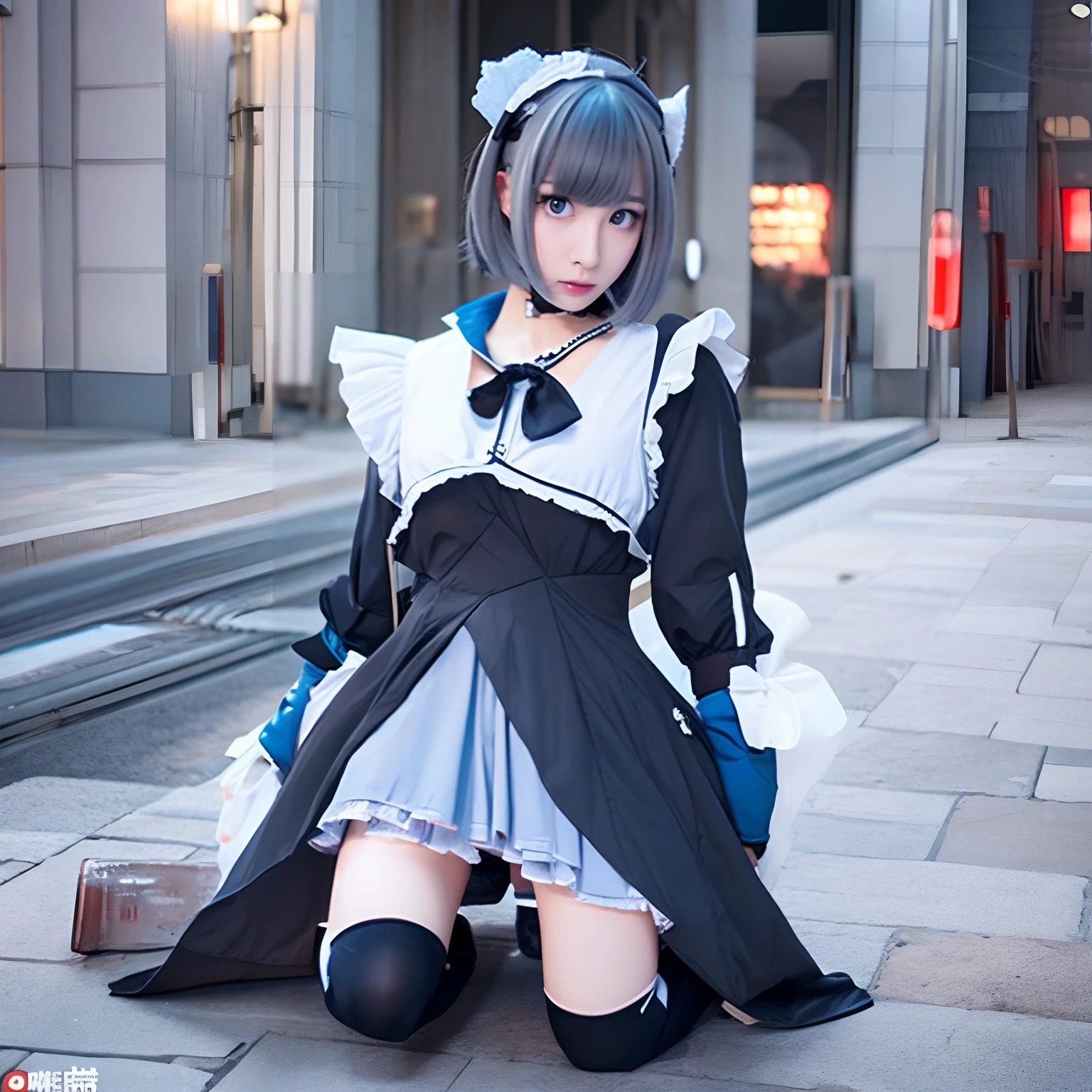 Gray-haired short-haired、neuter、Zito-order、Maid clothes in light blue jersey、white knee highs、cyberpunked、Anime-ish、Withdrawal、Zito-order、Sanpaku eyes、cute little、near future、garterbelts、huge tit、Sit with your legs open