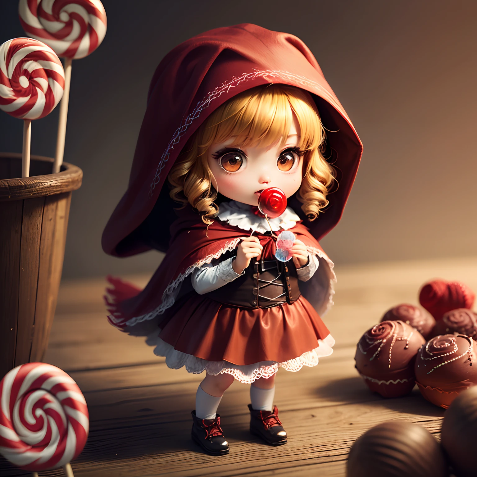 masterpiece、top-quality、ultra-detailliert、(Chibi Chara:1.3)、(Little Red Riding Hood:1.5),(Horror Lollipop Candy:1.3)、full body Esbian、skeletal、skeletal、squash、Done in-camera