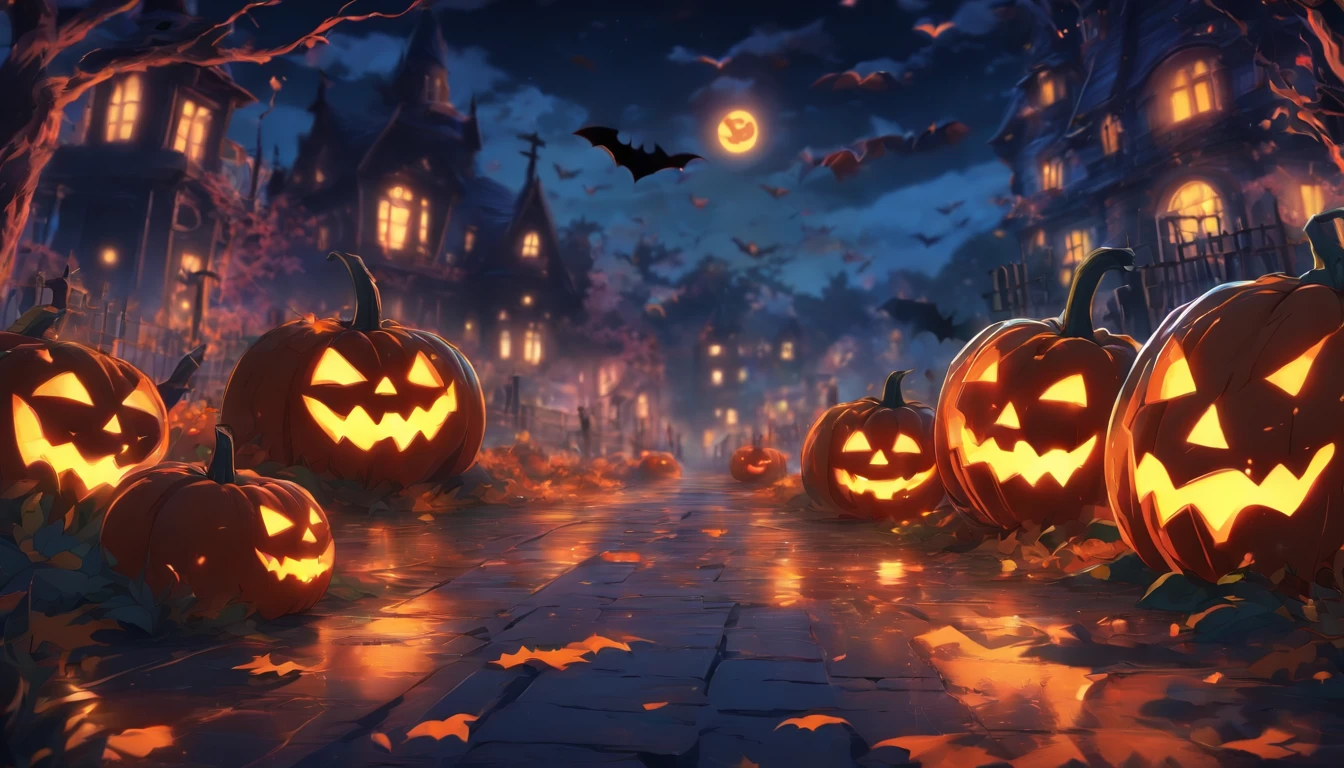 a spooky halloween scene with pumpkins in the foreground, halloween scene, scary magical background, halloween atmosphere, halloween art style, hd wallpaper, spooky mansion, scary color art in 4 k, 4 k hd wallpaper very detailed, scary detailed art in color, 8 k highly detailed ❤🔥 🔥 💀 🤖 🚀, background artwork, haunted background, spooky and scary atmosphere, no bat