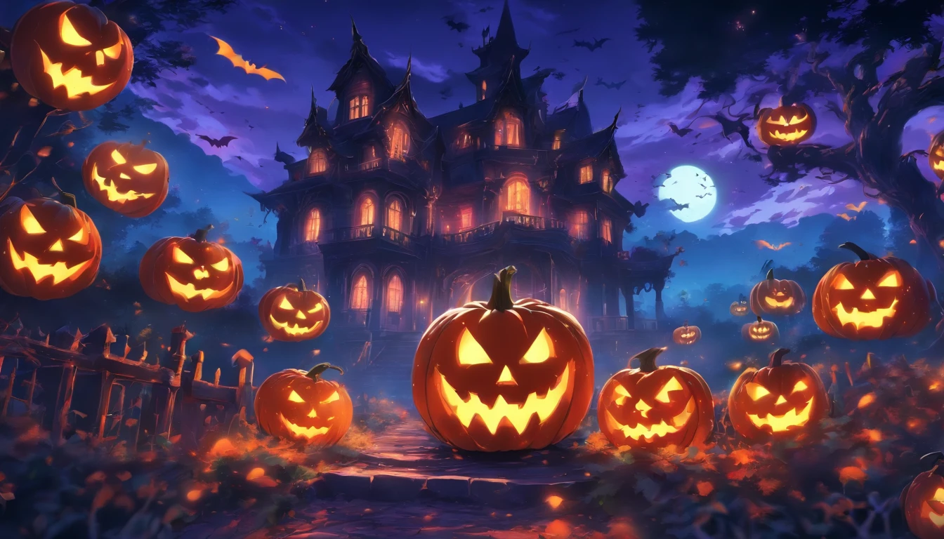 Halloween Floating Lights, Light and reflection in the film, glowing lights, Intermediate elements of the metaverse,Digital Painting, Bright Reflections, reflect, Halloween Jack-o'-lantern, Quiet night, Digital Illustration, lovely atmosphere, Skylight at night, Quiet atmosphere at night, Jack-o'-lantern, Halloween, it is night, Temon, The game scene, Halloween, Surrounded by clouds, New York's Buildings, Enamel Tile, beautifuly color, There are three arches in the foreground((Tinted Ink)), ( (Splashing ink ) ), ((Splashing ink) inky})), tmasterpiece, High career, graphics beautiful, high details,magnifica