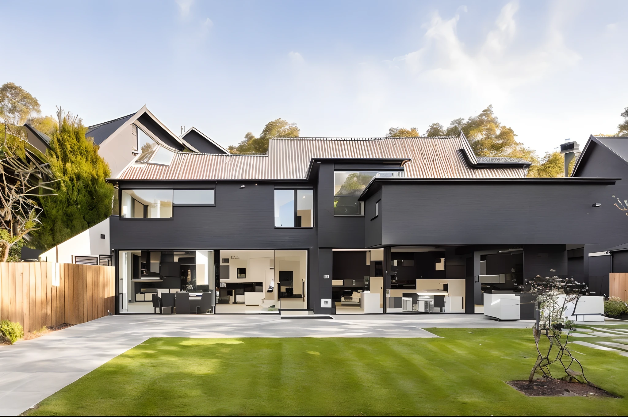 Realistic modern black coloured house with large glass panels as a feature, very modern