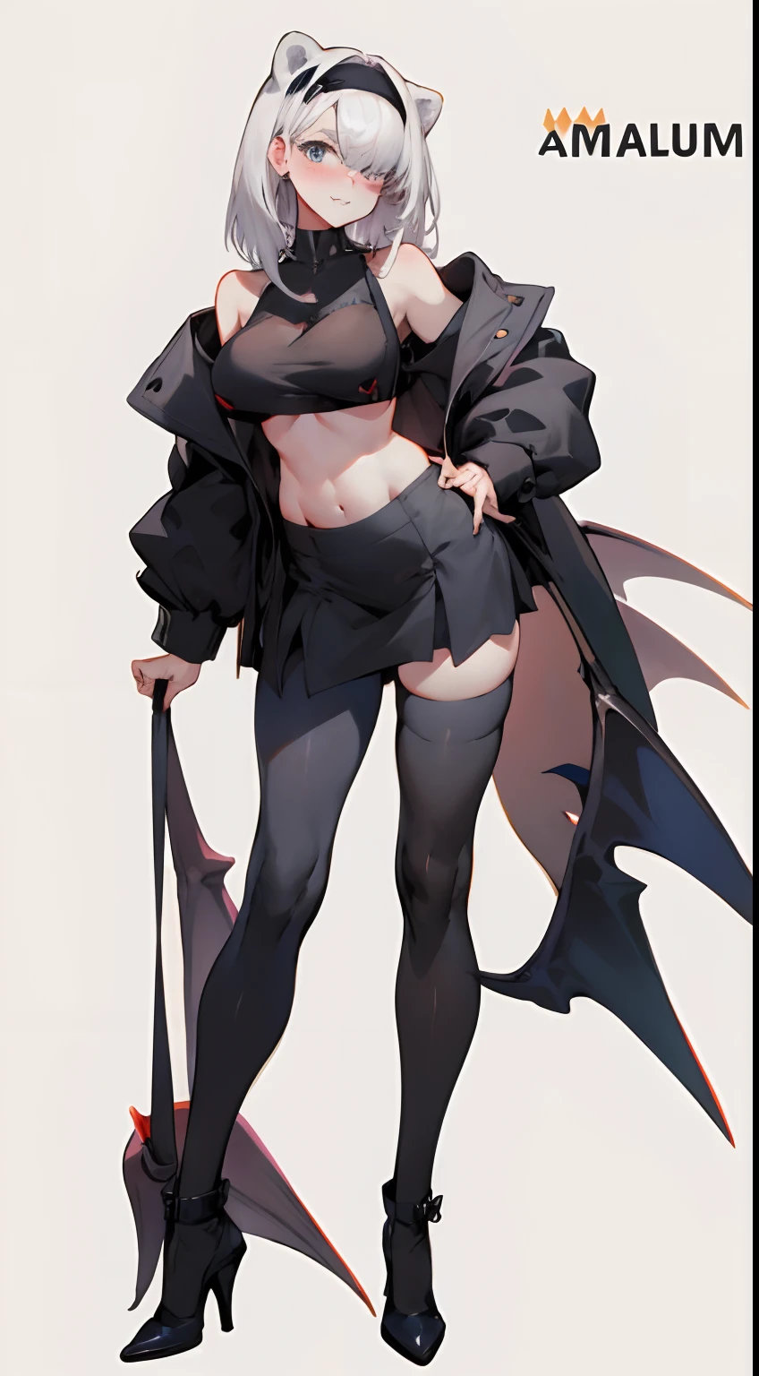 medium boob，cropped shoulders，Black over-the-knee stockings，Teacher's Uniform，Stand up，standing straight，high-heels ，succubi