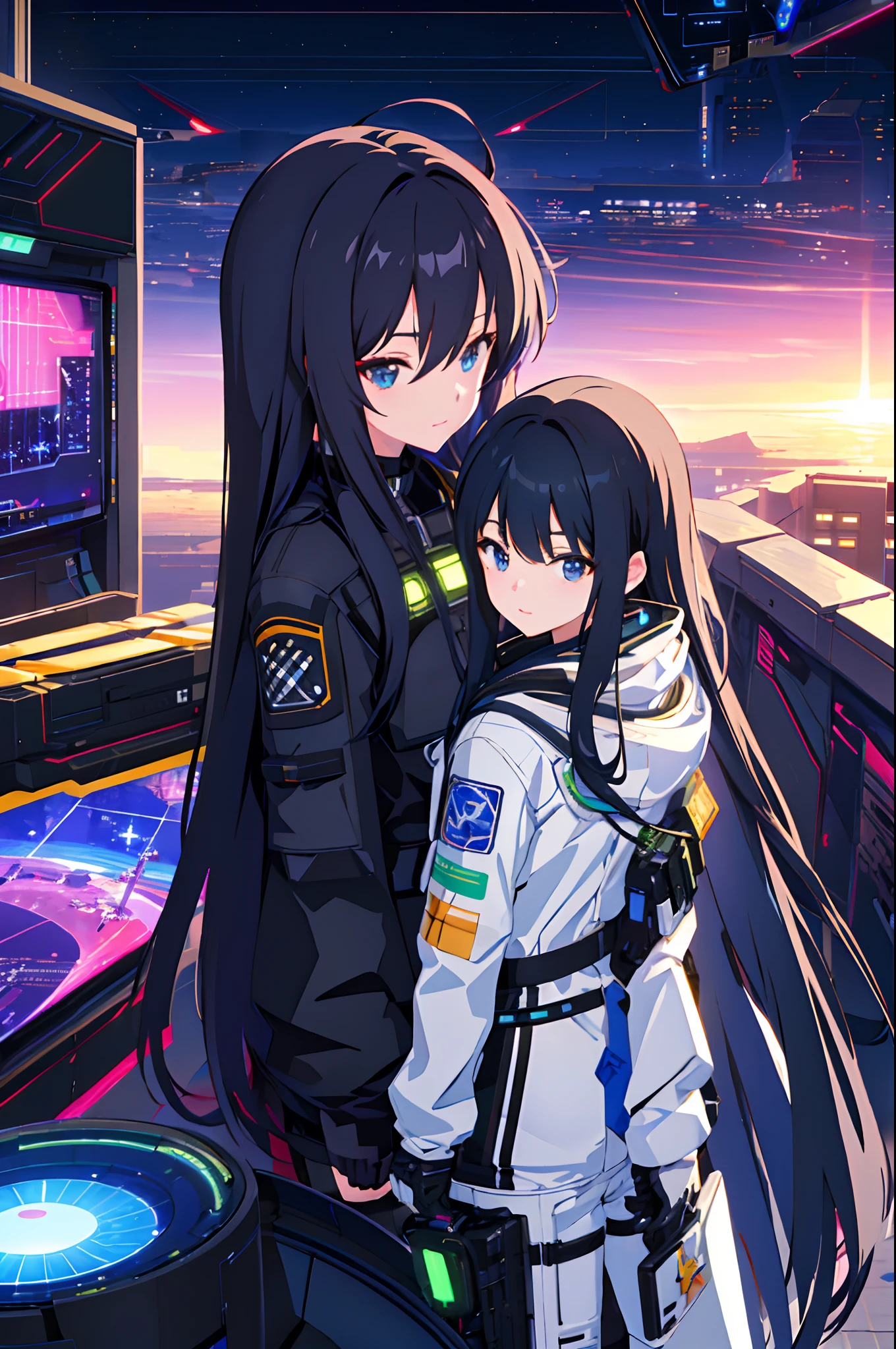 cyberpunked, top-quality, ighly detailed, 细致背景, animesque, 1girl, younggirl, Black hair long straight girl, SF, spaceships, spaces