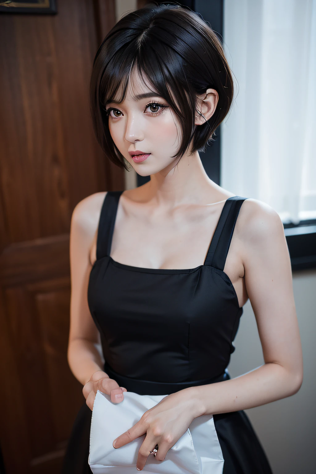 (masuter piece:1.3)、(8K、Photorealsitic、Raw photography、top-quality: 1.4)、(1girl in)、beautiful countenance、(Lifelike face)、(A dark-haired、short-hair:1.8)、Beautiful hairstyle、realisticeyes、Beautiful details、(real looking skin)、Beautiful skins、(maid clothes:1.6 )、absurderes、enticing、超A high resolution、A hyper-realistic、high-detail、the golden ratio