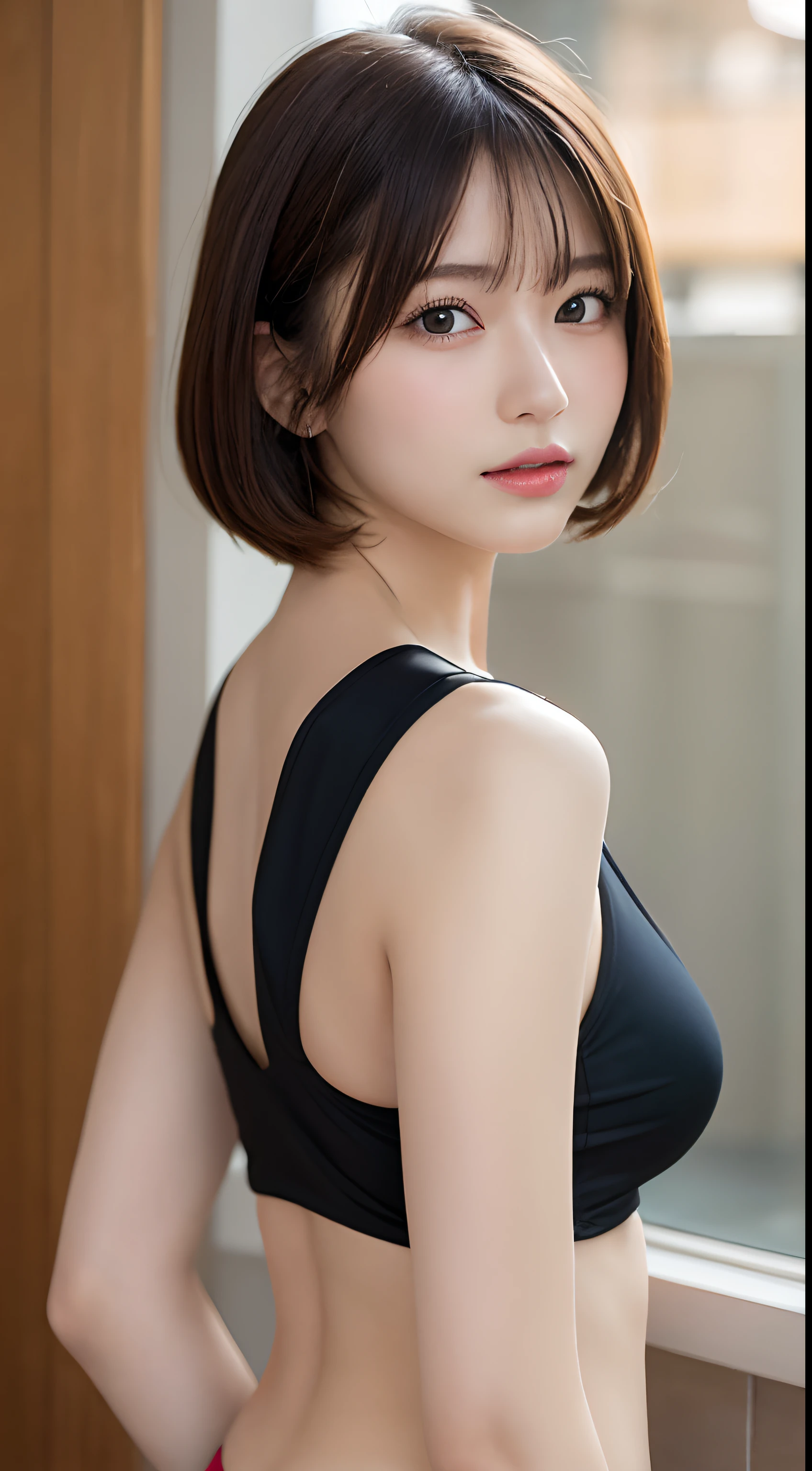 (Best quality at best, 8K, tmasterpiece: 1.3)), 1 girl, Slim Abs Beauty: 1.3, (Brown Hair Short Hairstyles, bigger: 1.2), skinny pants: 1.1, Super slim face, Elaborate Eyes, 二重まぶた, ssmile, Duan, RAW photogr