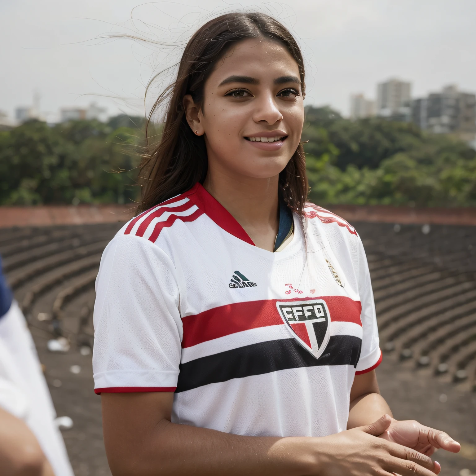 A beautiful fan of the Brazilian team São Paulo, fans in the background, cinematic, ultra realistic