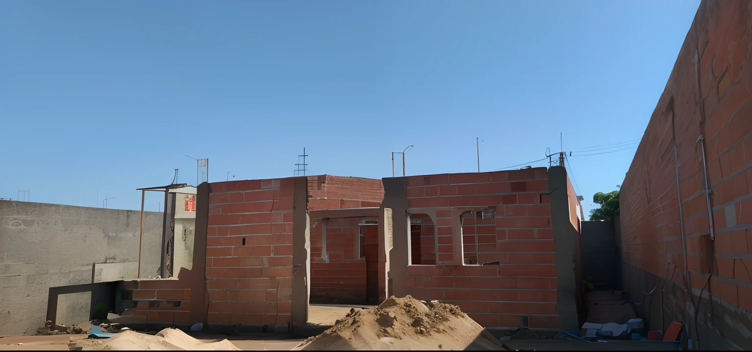 There's a brick building that's being built on the earth, estrutura da parede, picture taken from the ground, picture taken from the ground, walls are made of dry wall, Medium Wide Shot, Foto realista, Directed by: Willian Murai, imagem frontal, bottom angle, Directed by: Samuel Silva, vista frontal, view from the ground, Foto POV, view from ground level