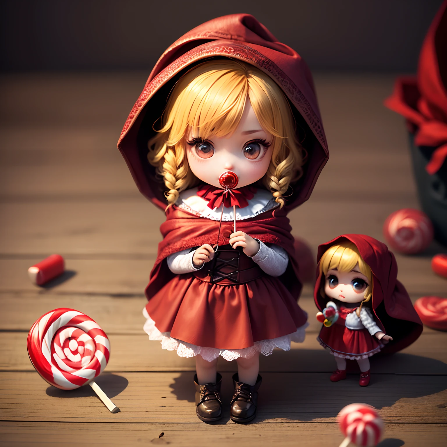 masterpiece、top-quality、ultra-detailliert、(Chibi Chara:1.3)、(Little Red Riding Hood:1.5),(Horror Lollipop Candy:1.3)、full body Esbian、skeletal、skeletal、squash、Done in-camera