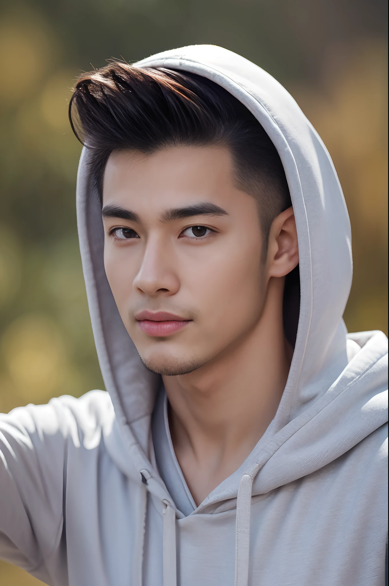 arafed boy in a red hoodie, Selfie Shoot, Quiff haircut, look at camera, detailed facial parts, Manly, Active Boy, Hill background, Freestyle Pose, Happy Expression, perfect anatomy, symmetric body, asian boy 19 years old, high detail, asian, realistic, human skin, Short Hairstyle, handsome chad chin, handsome, masculine, attractive, human skin, (eyes contact), Handsome, Attractive