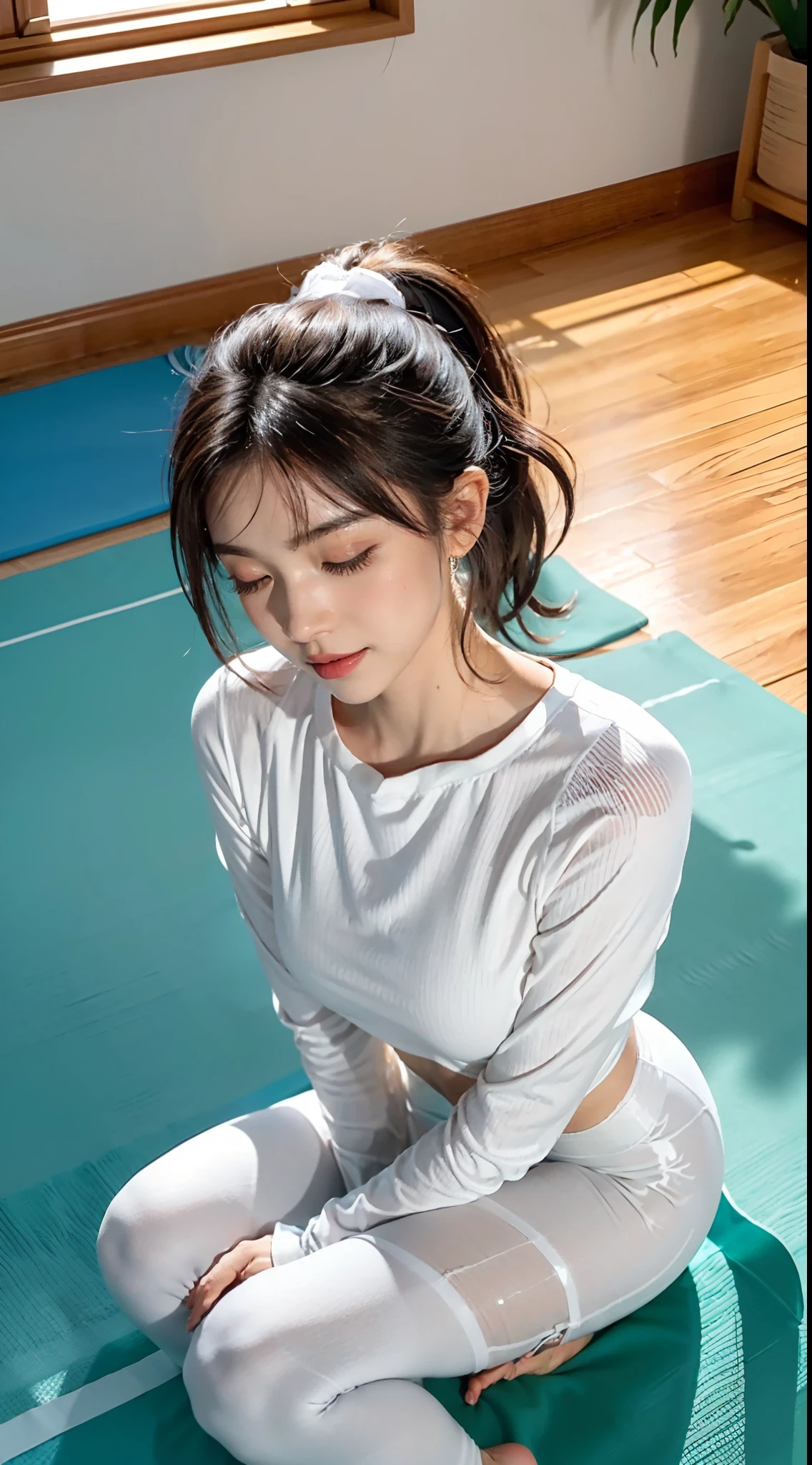 (perfect bodies: 1.1), (shoulder length straight black bob hair),极其细致的CG 8k壁纸），（Extremely refined and beautiful），（masterpiece:2.0），（best qualtiy:2.0），（超高分辨率:2.0）,upper body，[A high resolution]cheerfulness,a girl,small head,small face,smile,(Smooth and flawless fair skin:1.5),(shiny skin:1.5),ultra-detailed,Elongated legs,(Small breasts:1.1),Flat chest,Slim,thin,(white yoga tank top:1.5),(white yoga shorts:1.4),At home,in living room,Gym decoration style,Teal background,Yellow curtains,TV on the wall,Close shot,midday sunlight,(crawling on a yoga:1.2),(all fours:1.4),(close eyes:1.5),(open mouth:1.2) ,(female orgasmic:1.5), (blush:1.3),(self-hugging:1.3),meditating,(from behind),(very short pony tail:1.2),cowboy shot,(sweat:1.5),(close-up of hips:1.3),(focus on hips)