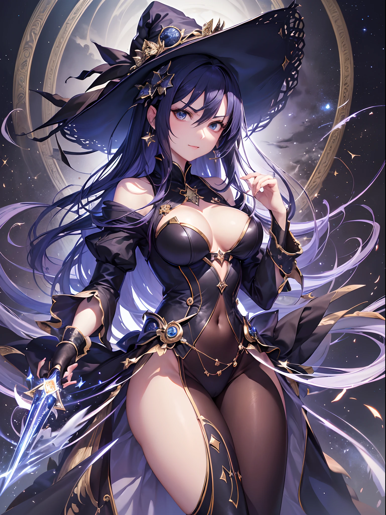 ((Finest quality)),(超A high resolution),(ultra-detailliert),(Meticulous portrayal),((Best CG)),(Finest works of art),Ultra-Precision Art,The art of astounding depiction,dark fantasy art, ( Starry Midnight:1.3), (1人の女性:1.5),(the witch),a navel,thighs thighs thighs thighs,boots,Dynamic poses:1.5:sneering:1.3,(Unleash the magic of light:1.5)