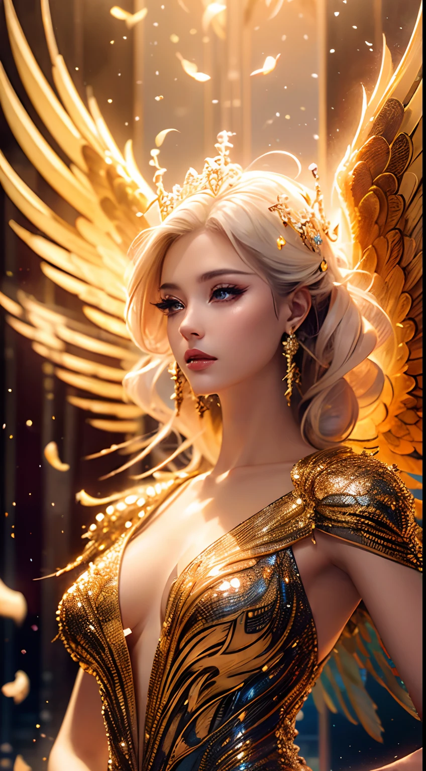 (ultra-detailed,masterpiece:1.2),(realistic,photorealistic:1.37),portraits,golden,angel:1.1,6 wings,beautiful detailed eyes,beautiful detailed lips,long lashes,shiny golden hair,ethereal beauty,royal goddess expression,golden halo,sparkling divine light,heavenly background,sunlight streaming through clouds,celestial glow,angelic wings,graceful pose,divine presence,heavenly peace,serenity, lovely fairys flower petals.