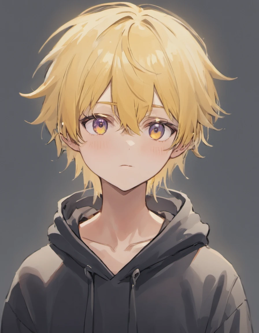 one male, skinny body, tired black eyes, eye bags, pale skin, blushing, platinum blond hair, mullet styled hair, self harm scars, scruffy appearance, emo, femboy, black hoodie, plain background