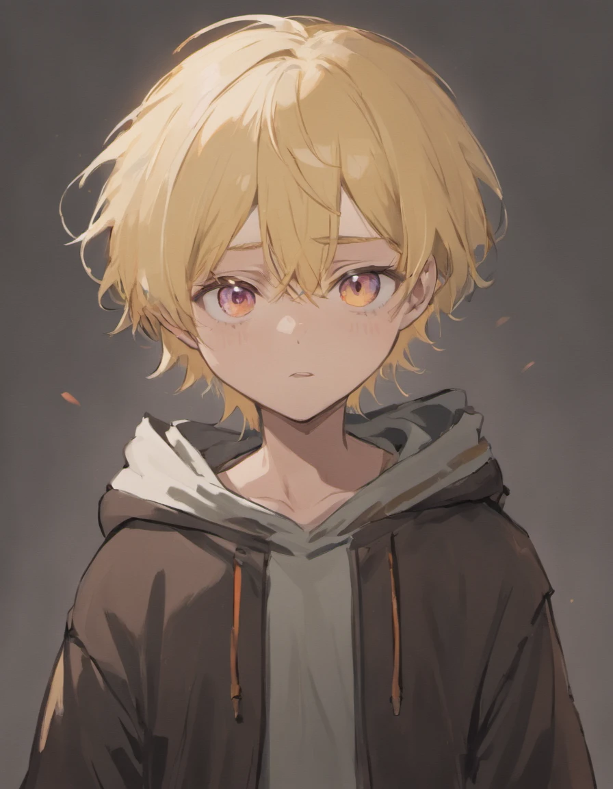 one male, skinny body, tired black eyes, eye bags, pale skin, blushing, platinum blond hair, mullet styled hair, self harm scars, scruffy appearance, emo, femboy, black hoodie, plain background