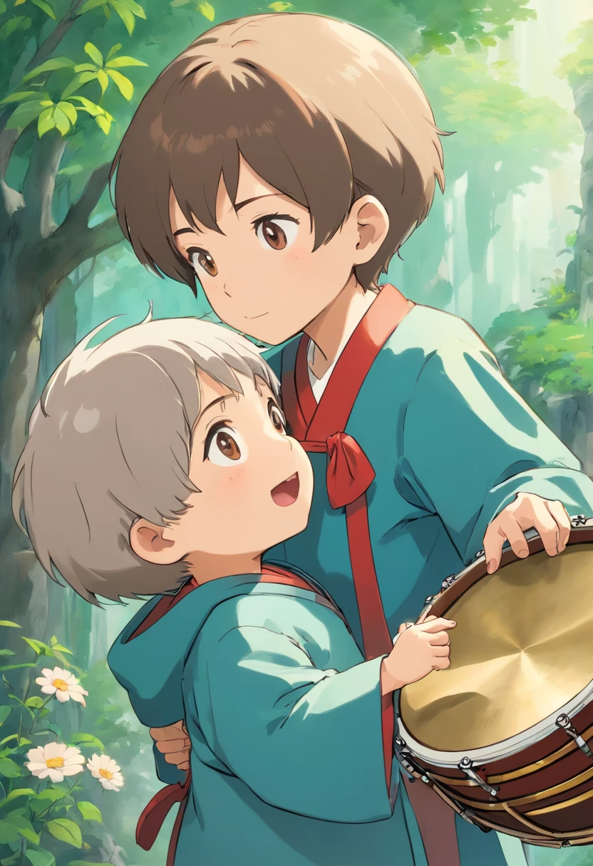 The little boy met a gentle and kind Zhuang grandmother，Ask her about the importance of beating the brass drum。