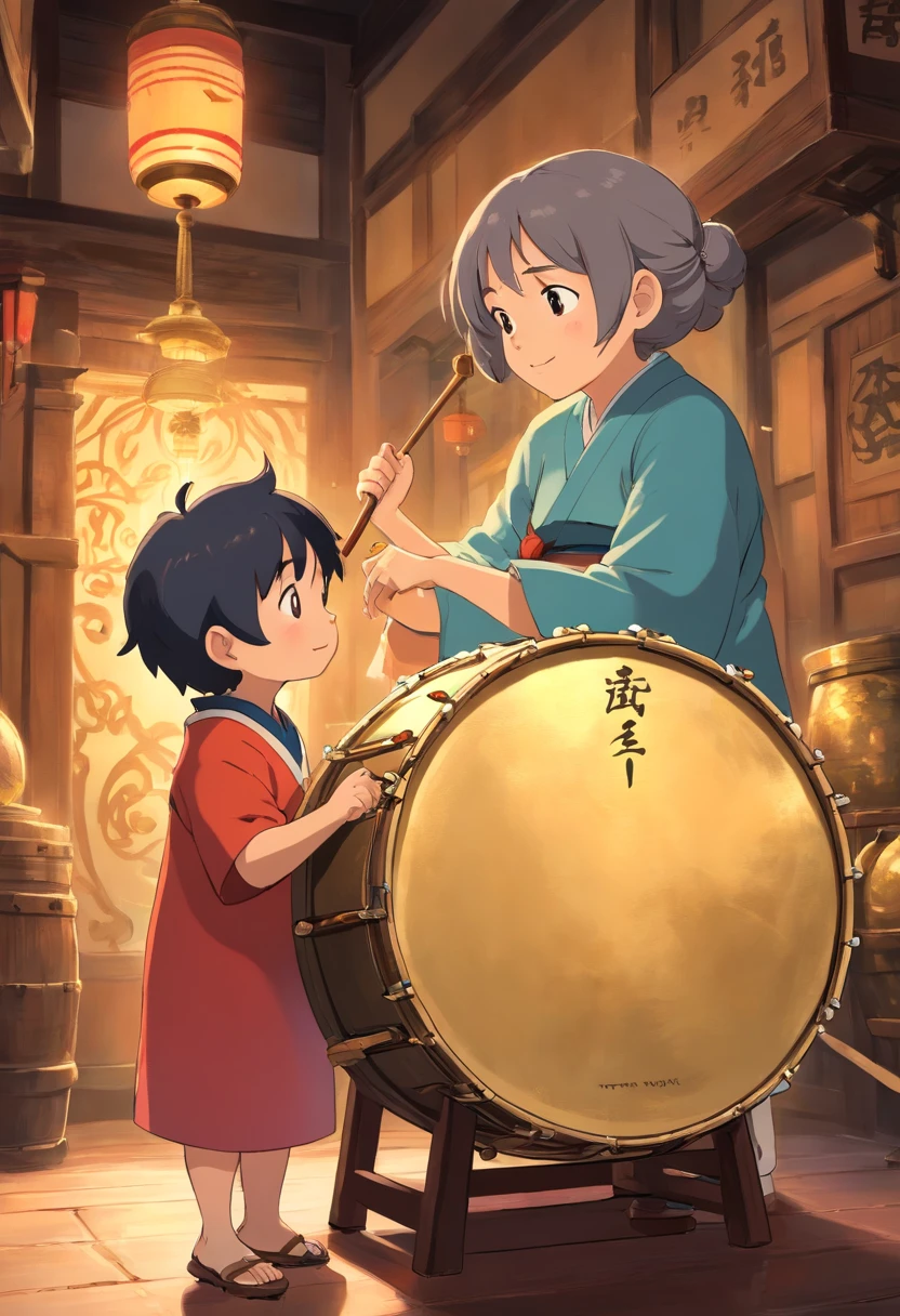 The boy met a gentle and kind Zhuang grandmother,Ask her about the importance of beating the brass drum。