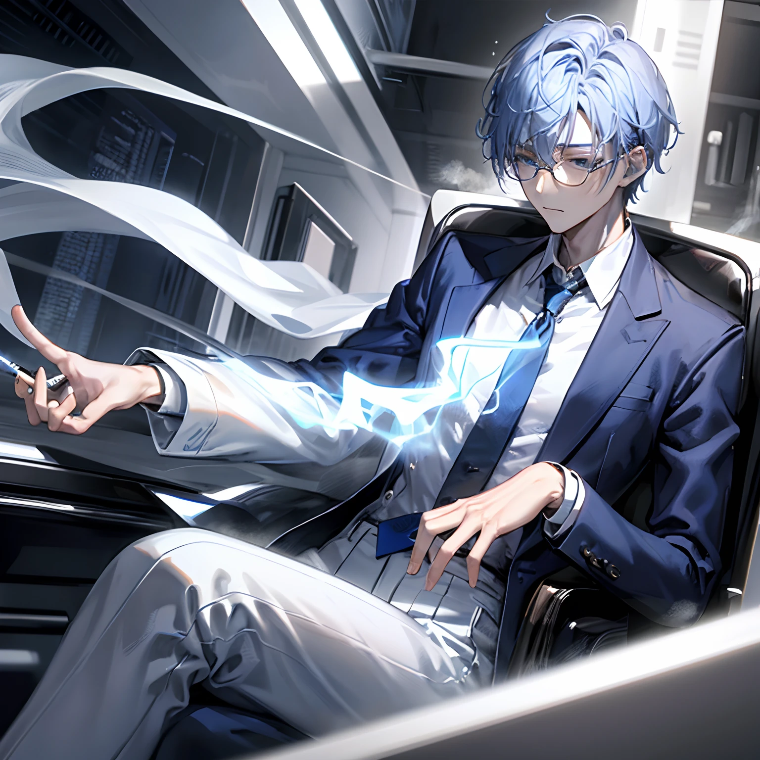 Black Suit、Blue tie、white shirt、blue hairs、male people、Slim body、high-detail、Wearing square glasses、Arms crossed、Holding a cigarette in your mouth