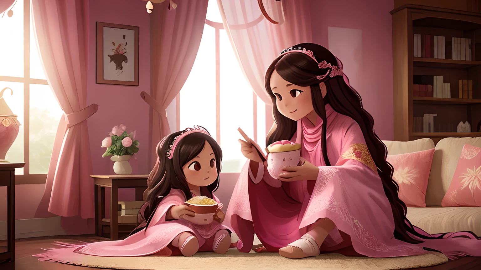 Long-haired mother in pink Zhuang costume and shawl-haired daughter in red Zhuang costume，Take a piece of cloth and look at it，The setting is the living room。 (Best quality, 4K, A high resolution), Ultra-detailed, (Realistic:1.37), sportrait, Vivid colors, Natural lighting.