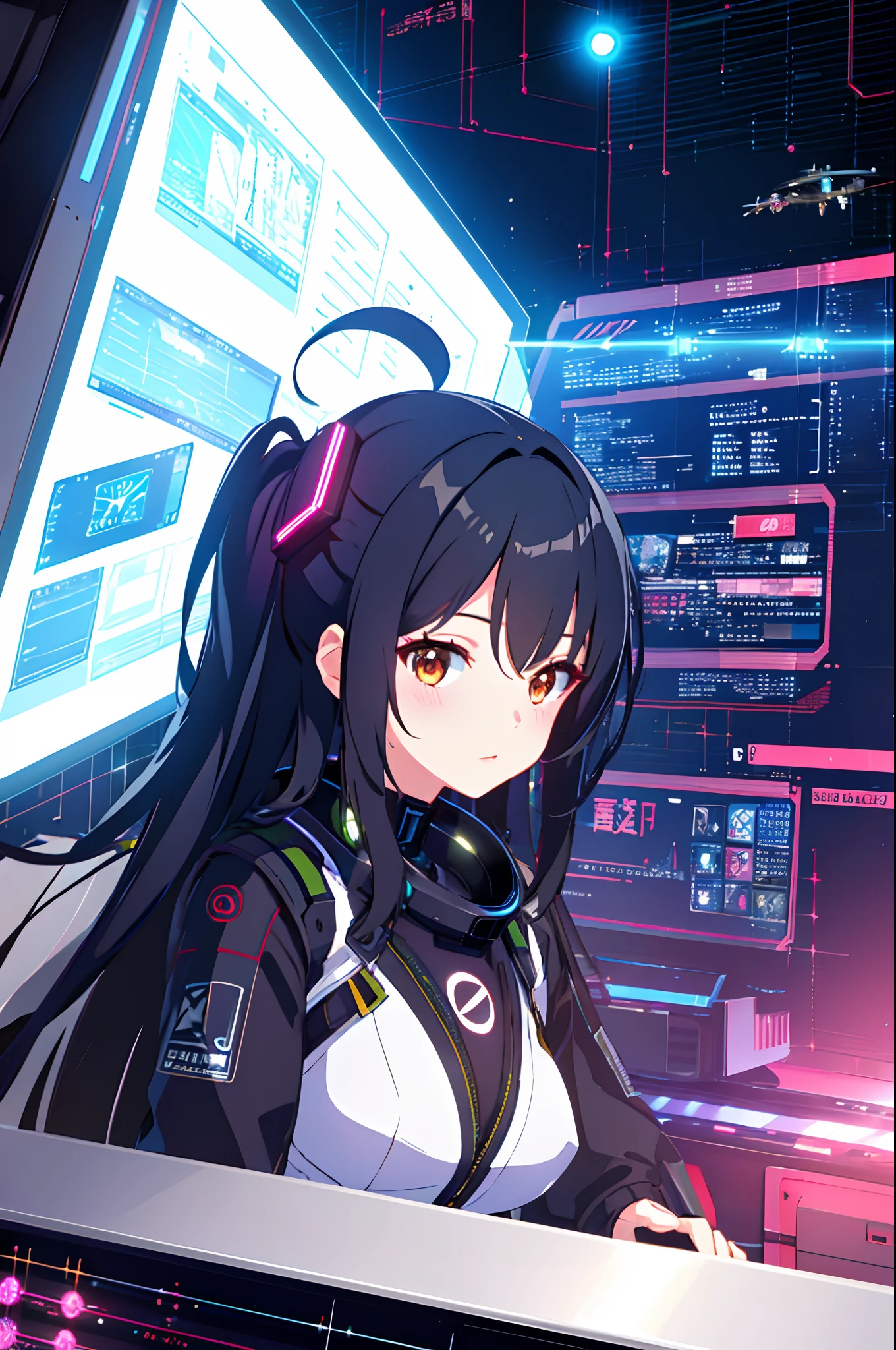 cyberpunked, top-quality, ighly detailed, 细致背景, animesque, 1girl, younggirl, Black hair long straight girl, SF, spaceships, spaces
