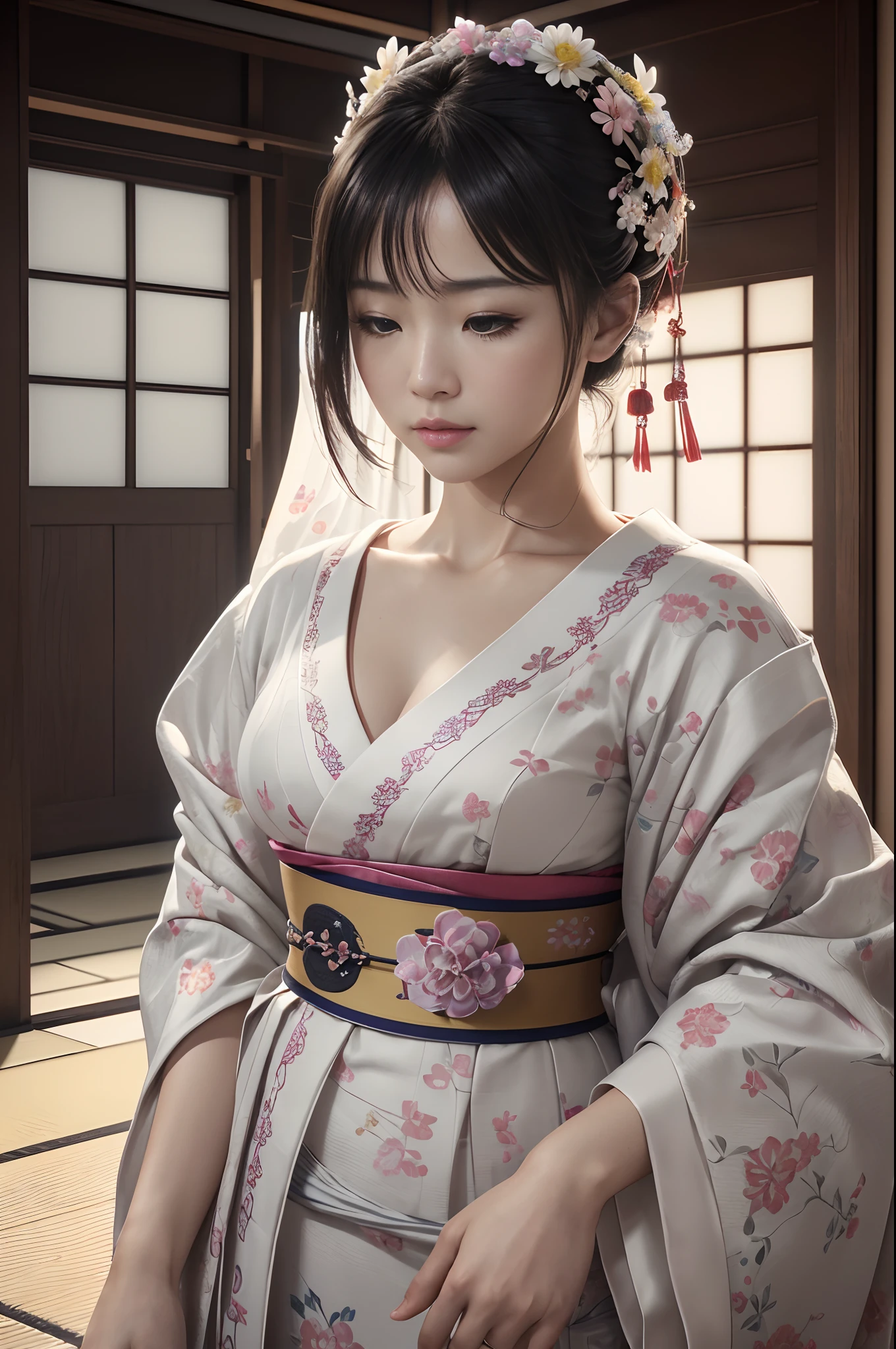 traditional Japanese kimono、Chrysanthemum、with floral pattern(RAW shooting)、(hyper realstic、Top image quality)、8k、(realisitic、photoRealstic:1.3)、masterpiece、超A high resolution、Stunning big、((Beautiful 35 year old Japan:1.3)Crystal clear white skin,Both eyes are closed,sneering,A sexy,Natural soft light、(film grains、FujifilmXT3、8k uhd、Digital SLR、lens)、Hollywood lips、Wide jawline、wide lips、narrow beautiful nose、movie、(Up to 8K resolution for photos、complexly detailed、Convoluted、elegent、Expansiveness、Fantastical)、ultra-detailliert、Insane details、Beautifully color graded、unrealengine、The degree of freedom、Hyper-Resolution、Megapixel、cinematic lightening、Anti-aliasing、FKAA、TXAA、RTX、SSAO、Post-processing、Post Production、tonemapping、CGI、VFX、SFX、Insanely detailed and interesting、Hyper maximalist、hyper realstic、Volumetric、ultra photoreal、ultra -detail、intricate detailes、ultra -detail、fulcolor、Volume Lightning、HDR、reallistic、unrealengine、16K、Foconitide、octan render