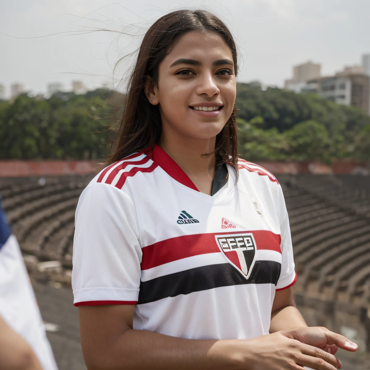 Araffe woman in yellow shirt and shorts standing in front of a soccer field, in the world cup, Colombian, Colombia, 🇨🇴, valentine shuffle, 30 year old Cuban woman., her navel is exposed, nina agdal, fernanda suarez, beautiful lady, in the countryside, Carolina Gariba, Instagram Template