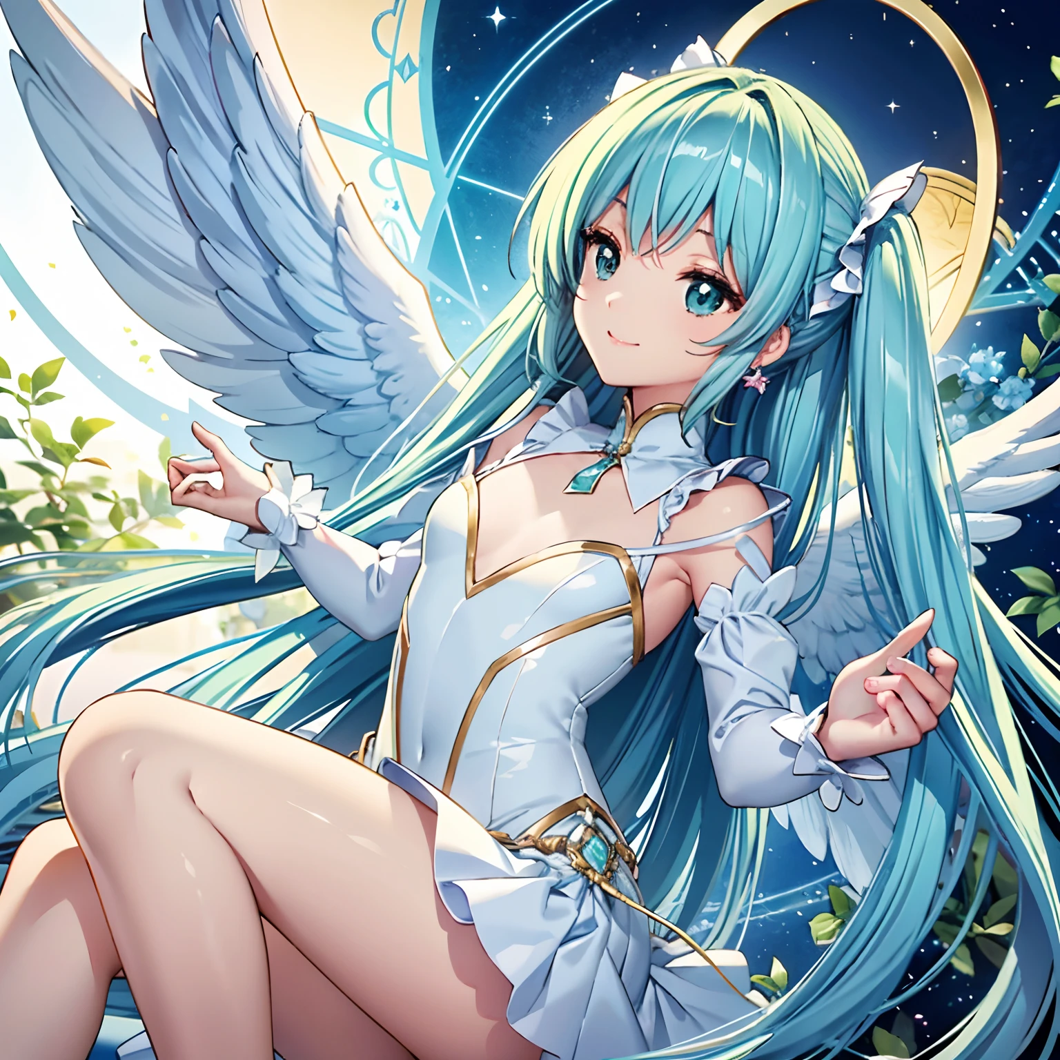 Angel wings shining in seven colors、Kawaii Girl、adorable smiling、Light blue long hair、Twin-tailed、Light green and white angel leotard、((top-quality))、((​masterpiece))、(ighly detailed、highestdetailed、Official art、Beautifully Aesthetic:1.2)