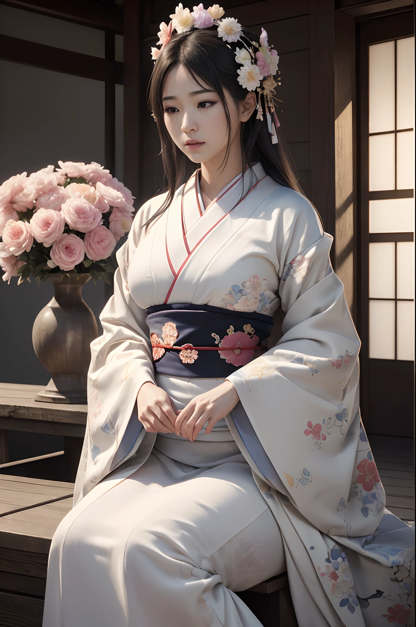 traditional Japanese kimono、Chrysanthemum、with floral pattern,Personification of the white snake,(RAW shooting)、(hyper realstic、Top image quality)、8k、(realisitic、photoRealstic:1.3)、​masterpiece、超A high resolution、Stunning big、((Beautiful 35 year old Japan:1.3)Crystal clear white skin,Both eyes are closed,sneering,A sexy,Natural soft light、(film grains、FujifilmXT3、8k uhd、Digital SLR、lens)、Hollywood lips、Wide jawline、wide lips、narrow beautiful nose、movie、(Up to 8K resolution for photos、complexly detailed、Convoluted、elegent、Expansiveness、Fantastical)、ultra-detailliert、Insane details、Beautifully color graded、unrealengine、The degree of freedom、Hyper-Resolution、Megapixel、cinematic lightening、Anti-aliasing、FKAA、TXAA、RTX、SSAO、Post-processing、Post Production、tonemapping、CGI、VFX、SFX、Insanely detailed and interesting、Hyper maximalist、hyper realstic、Volumetric、ultra photoreal、ultra -detail、intricate detailes、ultra -detail、fulcolor、Volume Lightning、HDR、reallistic、unrealengine、16K、Foconitide、octan render